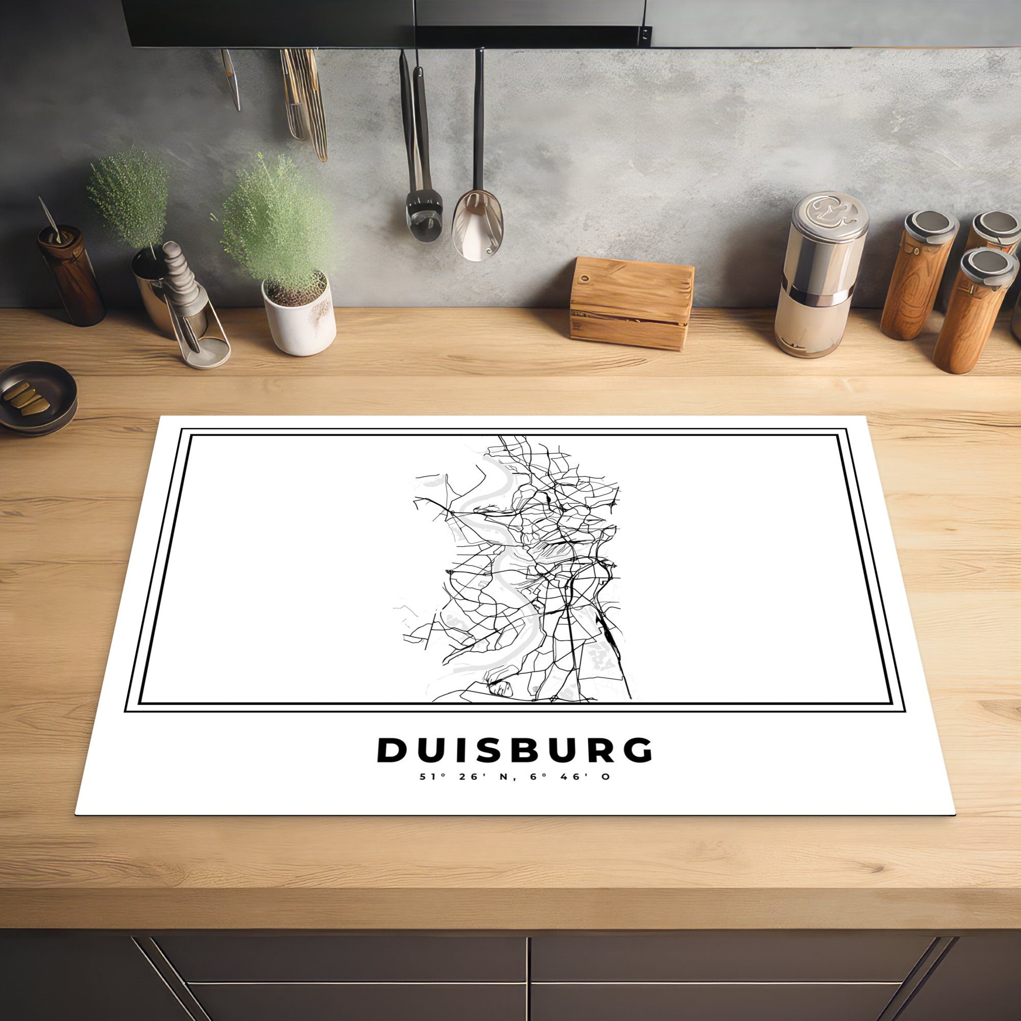 Duisburg, Karte - Stadtplan für - cm, tlg), Induktionskochfeld Schwarz küche, MuchoWow weiß (1 Vinyl, 81x52 die Herdblende-/Abdeckplatte Deutschland und Schutz - - Ceranfeldabdeckung