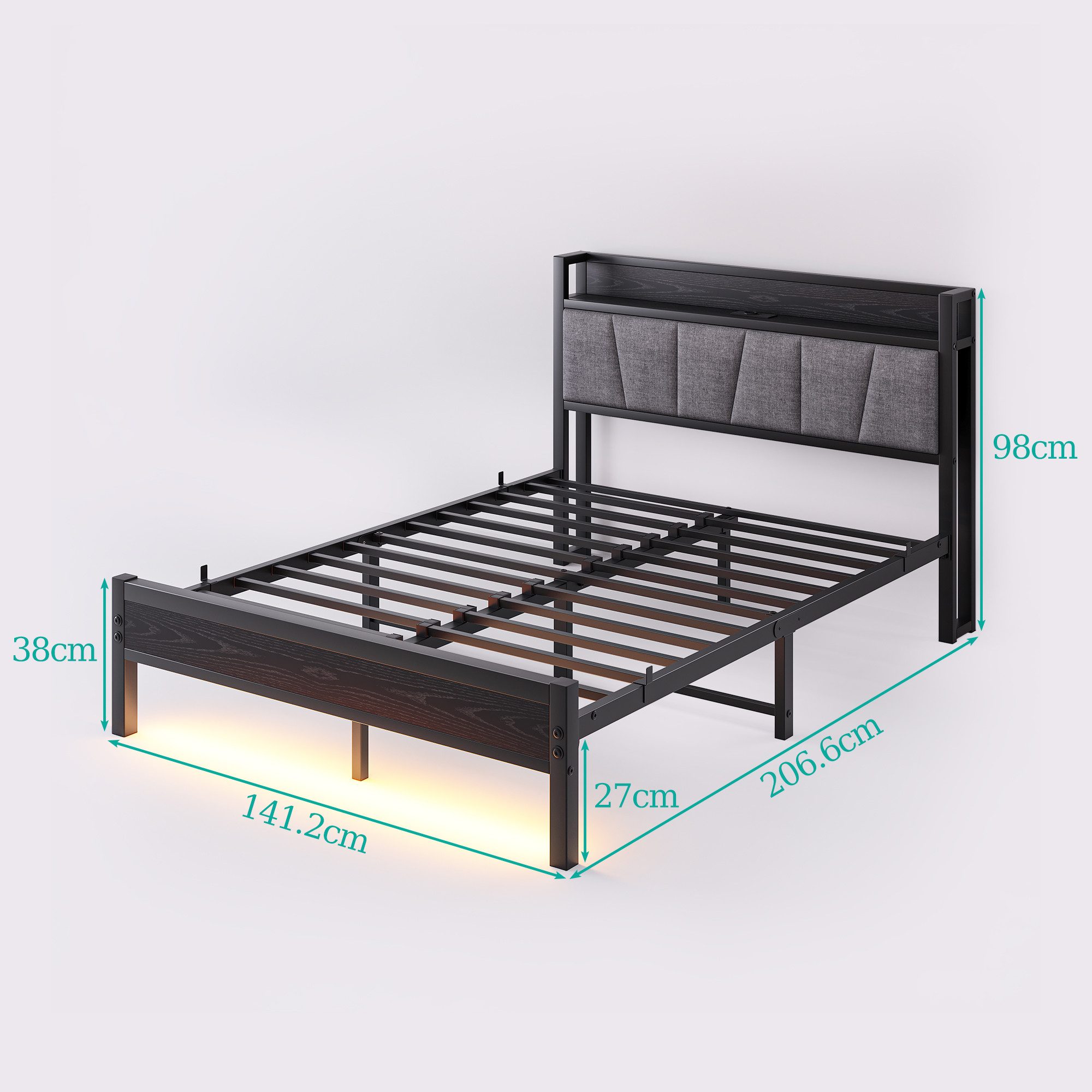 HOMERECOMMEND Metallbett mit 2 USB-Anschlüssen und LED Beleuchtung (1-tlg., Ohne Matratze), Jugendbett Bettgestell 140 x 190 cm