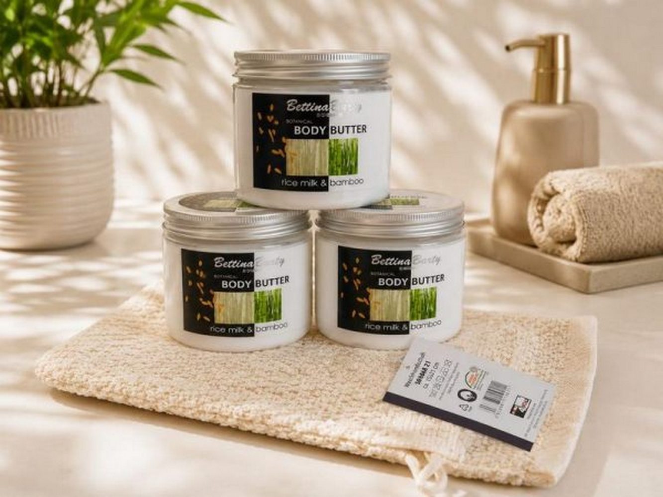 Bettina Barty Pflege-Geschenkset Geschenkset – 3x Rice Milk & Bamboo Body Butter 400 ml& Waschhandschuh Geschenk-Set