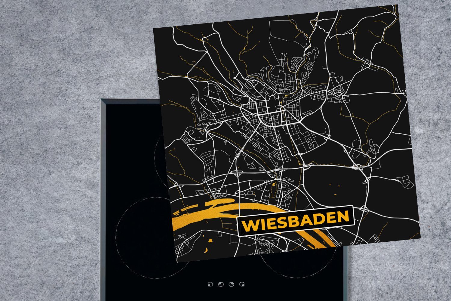 - MuchoWow Vinyl, Arbeitsplatte Karte Ceranfeldabdeckung, küche Gold - tlg), Wiesbaden cm, - Stadtplan, für (1 78x78 Herdblende-/Abdeckplatte Deutschland -