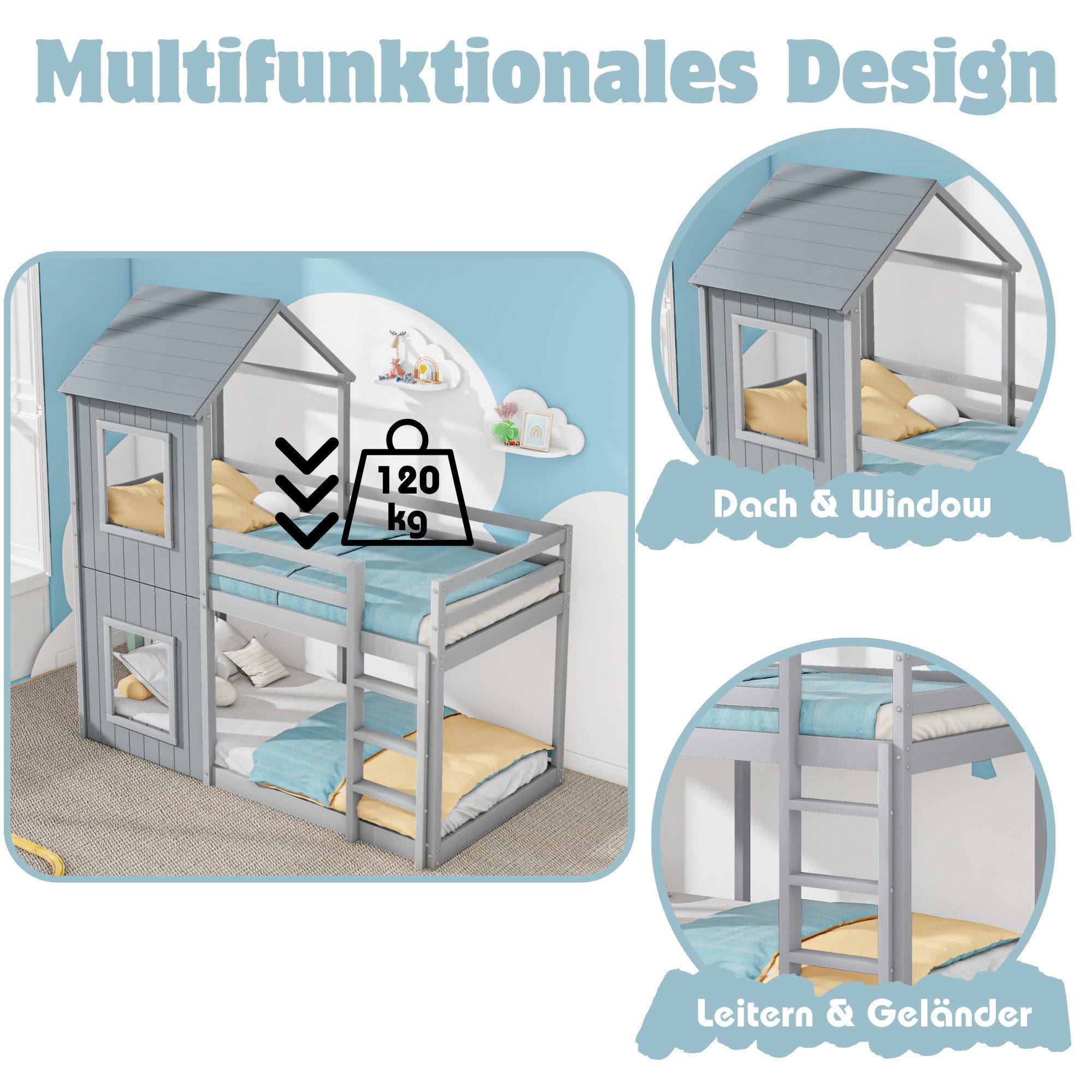Flieks Etagenbett, Hochbett mit Treppe Hausbett Kinderbett 200x90cm Kiefer