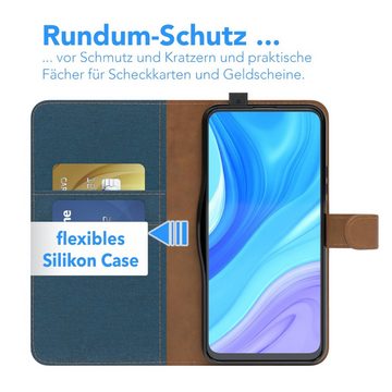 EAZY CASE Handyhülle Bookstyle Jeans für P Smart Pro /Y9s /Honor 9X Pro 6,59 Zoll, Klappcase mit Standfunktion und Kartenfach Stoff Schutzhülle Blau