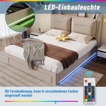 Flieks Polsterbett, LED Hydraulisches Stauraumbett Doppelbett 140x200cm Samt mit Schublade