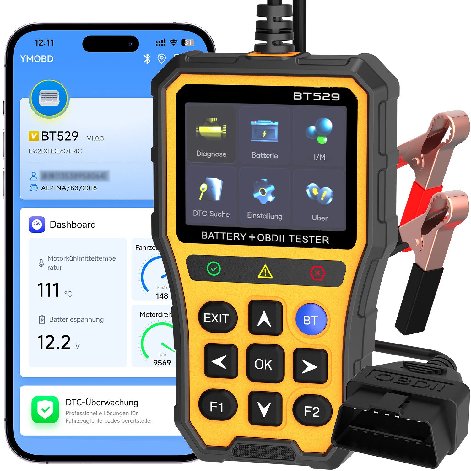 HS Onsing OBD2-Diagnosegerät BT529 Auto Scanner Auslesegerät Motor Fehlercodeleser Batterietest, mit Echtzeitdaten Bluetooth Verbindung für iOS Android System