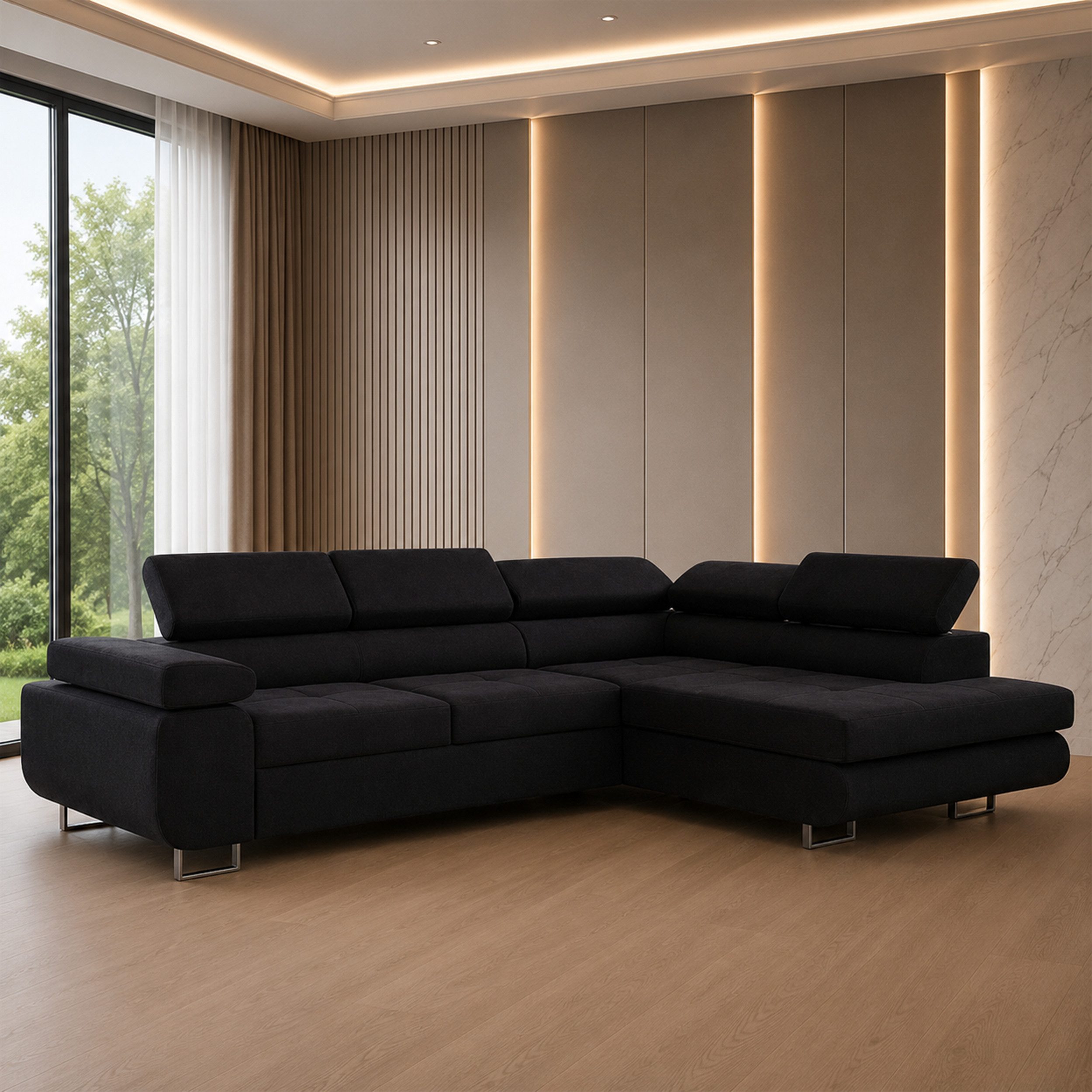 Goldstoff Ecksofa mit Schlaffunktion - Designersofa, Sofa mit Bettfunktion & Bettkasten, Schlafsofa RIVIA, multifunktionale Couch mit verstellbaren Kopfstützen in dunkelgrau