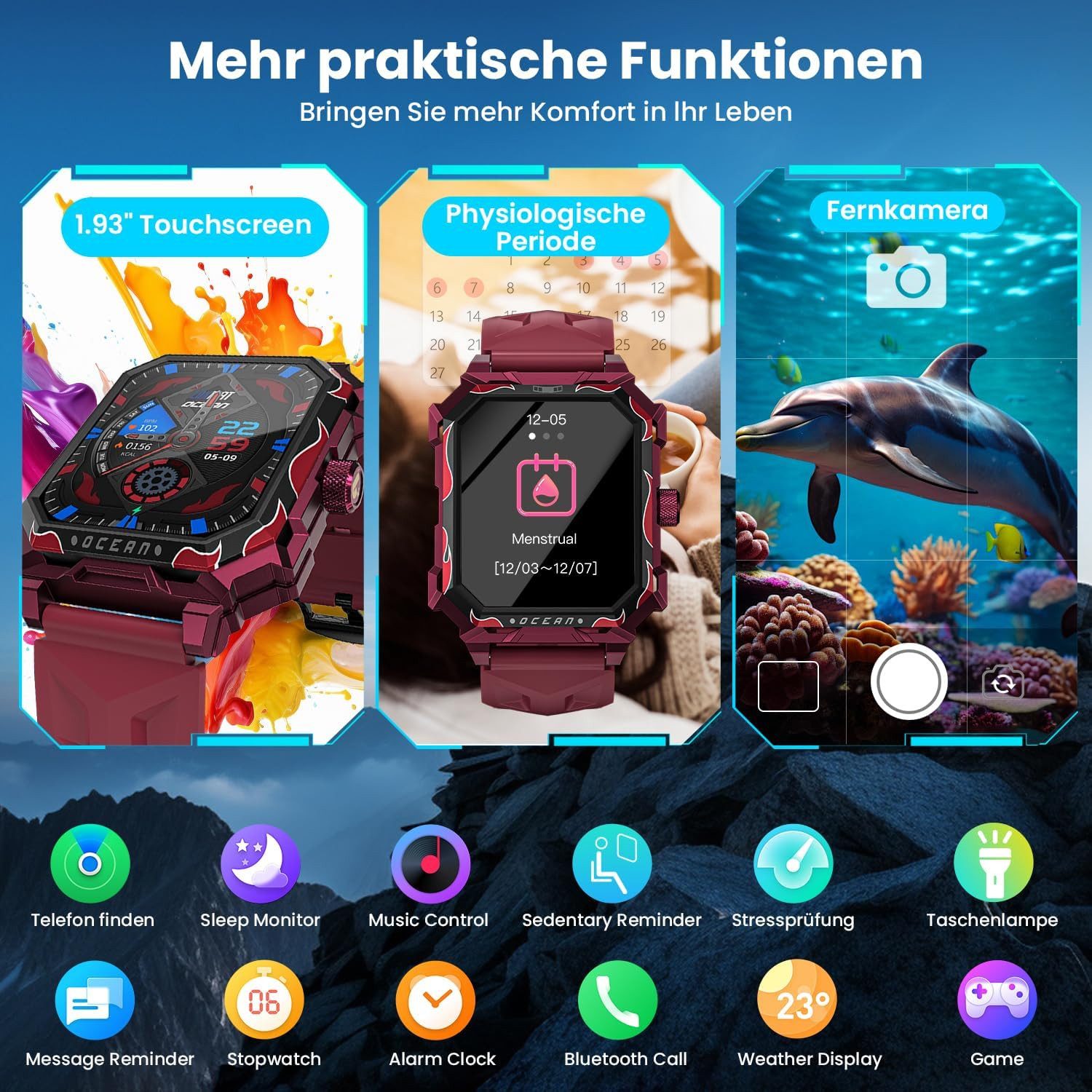 Rogbid ‎ S3-lokmat Smartwatch (4,9 cm, android ios), Outdoor Smartwatch Herren mit 1.93" HD Display, 100 Tagen