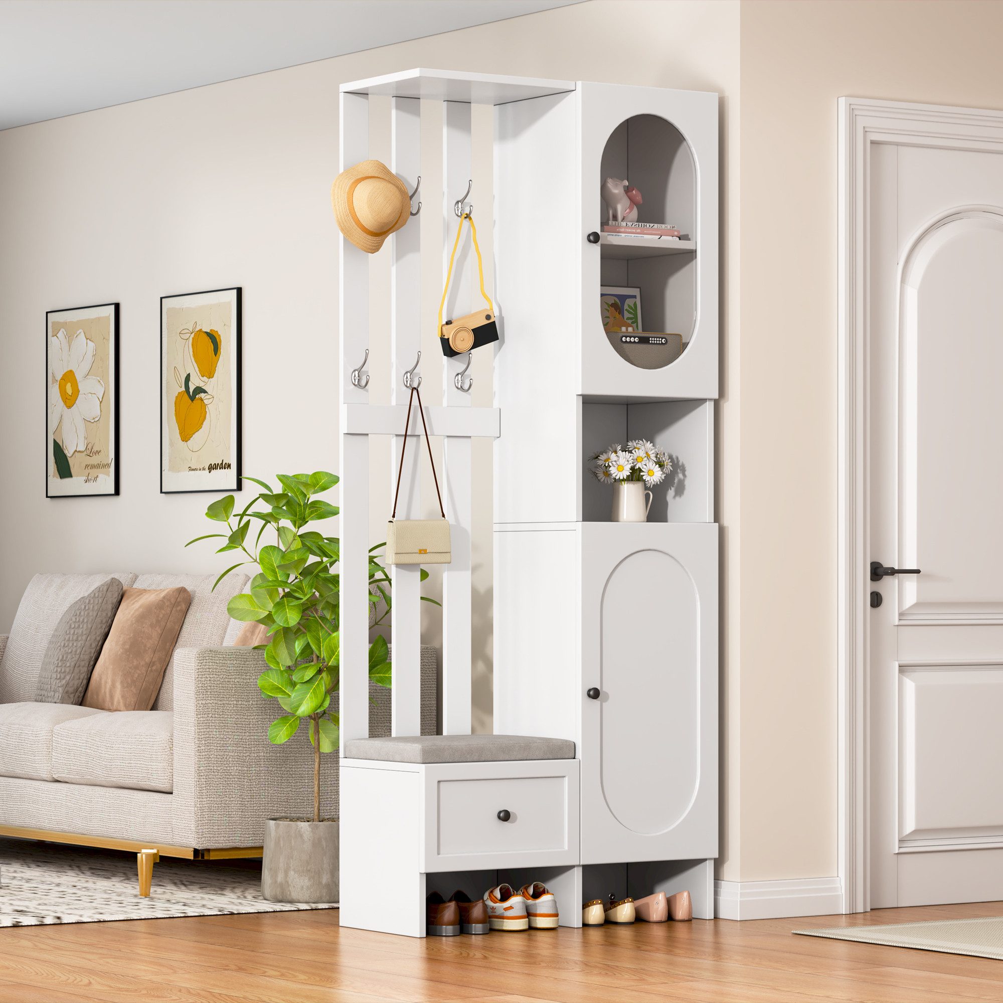 Merax Garderoben-Set Scandi weißer Flurschrank aus Holz & Glas, (Kompaktgar günstig online kaufen