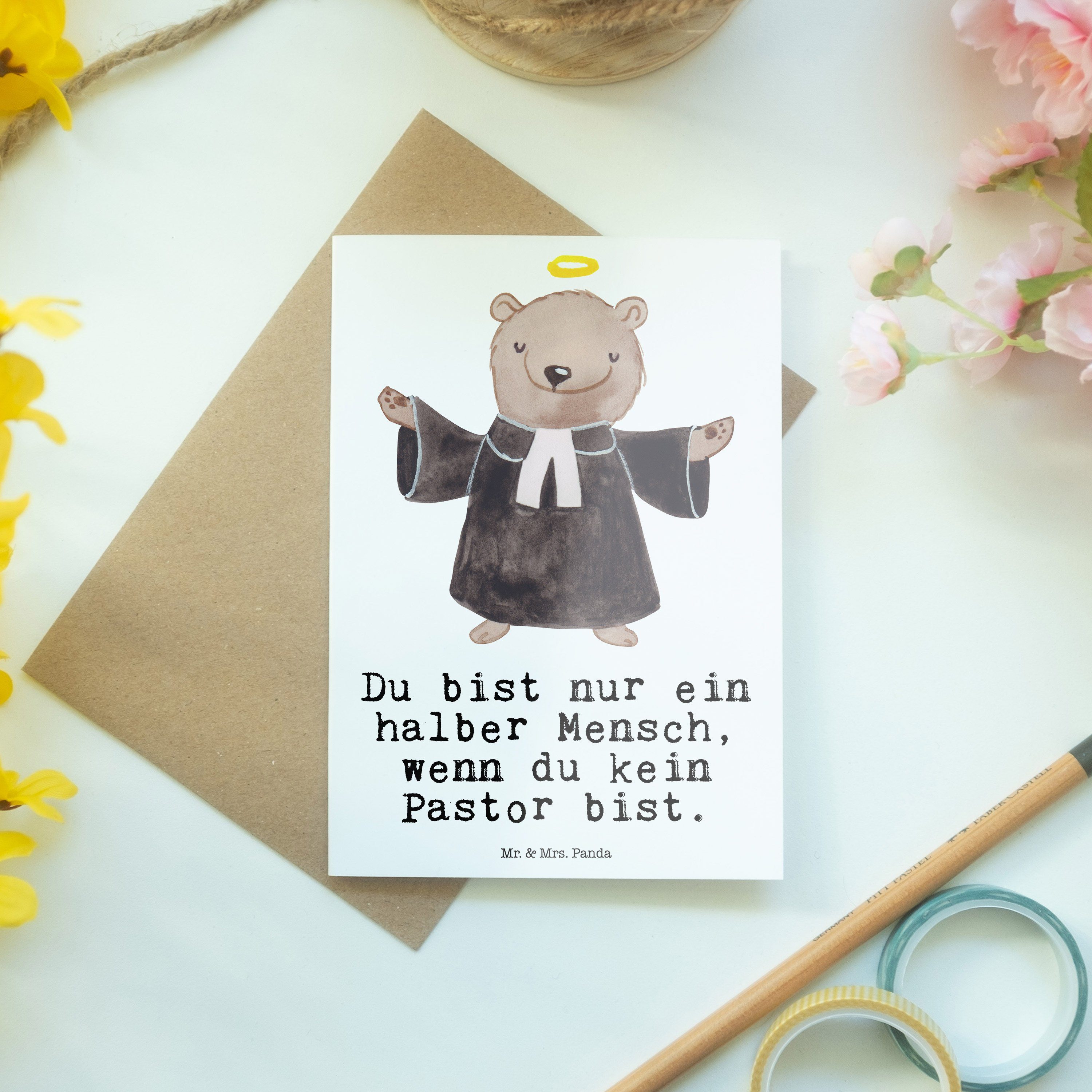 Pastor Hochzeitskart Geschenk, Mr. - Panda & Herz - Pfarrer, Klappkarte, Weiß mit Mrs. Grußkarte