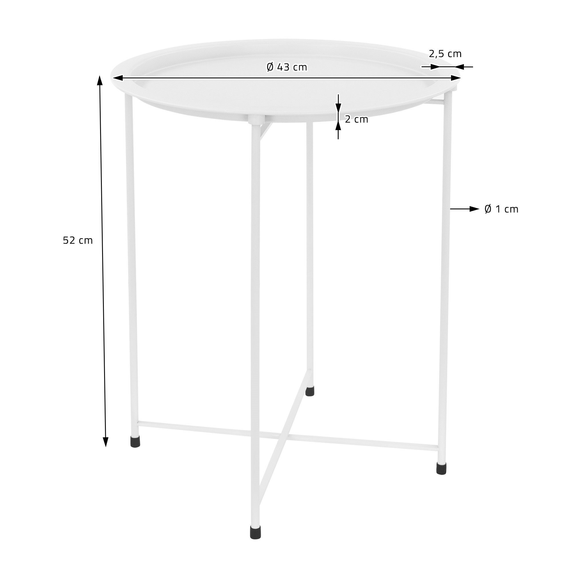 Tablett Sofatisch Ø43x52cm Beistelltisch Beistelltisch stabil abnehmbares Rund Kaffeetisch, Wohnzimmertisch klappbar Metall Weiß ML-DESIGN Couchtisch