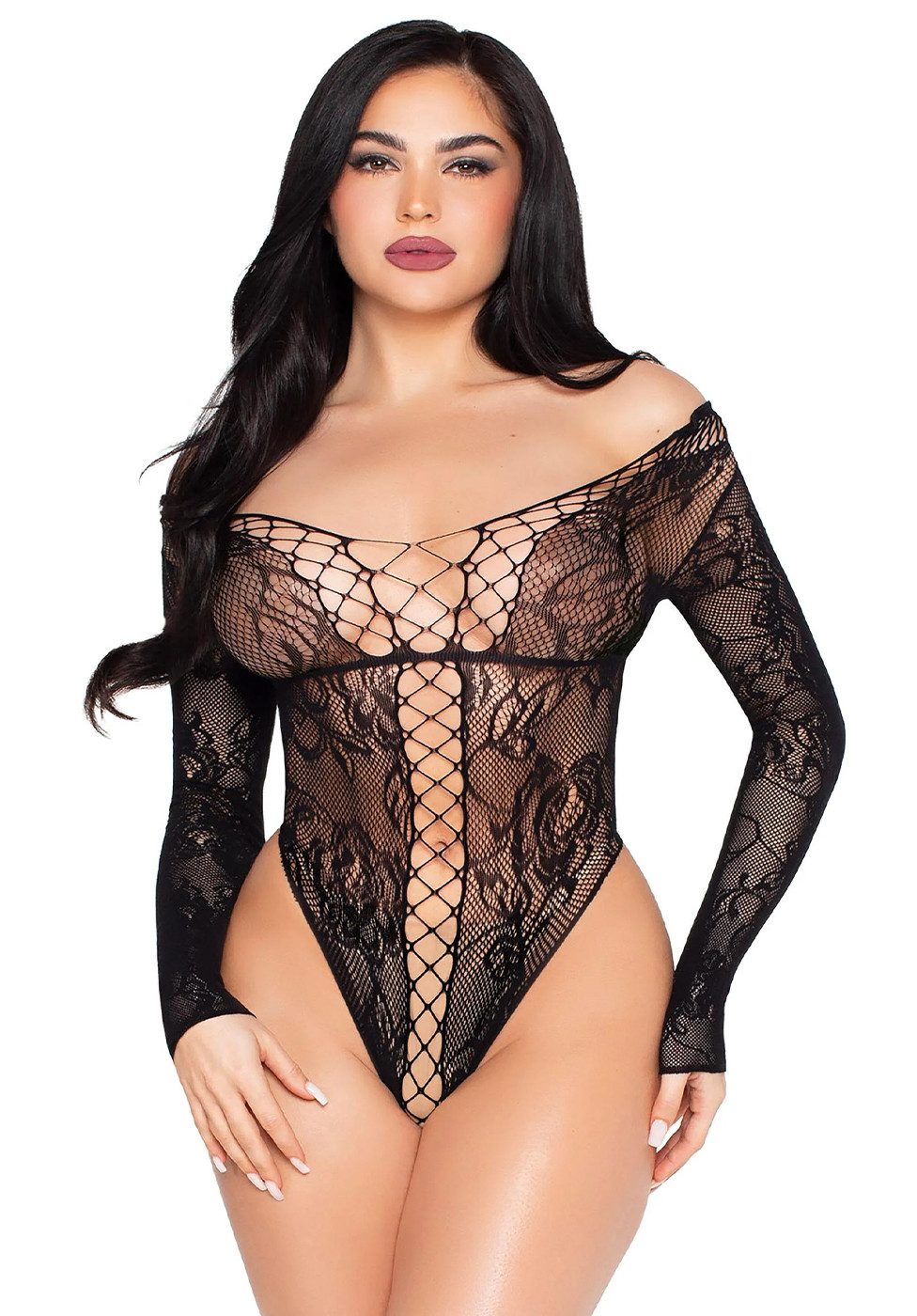 Leg Avenue Body String-Body mit tiefem Netz-Ausschnitt Langarm - schwarz (1-tlg) Transparente florale Spitze mit schulterfreiem Ausschnitt