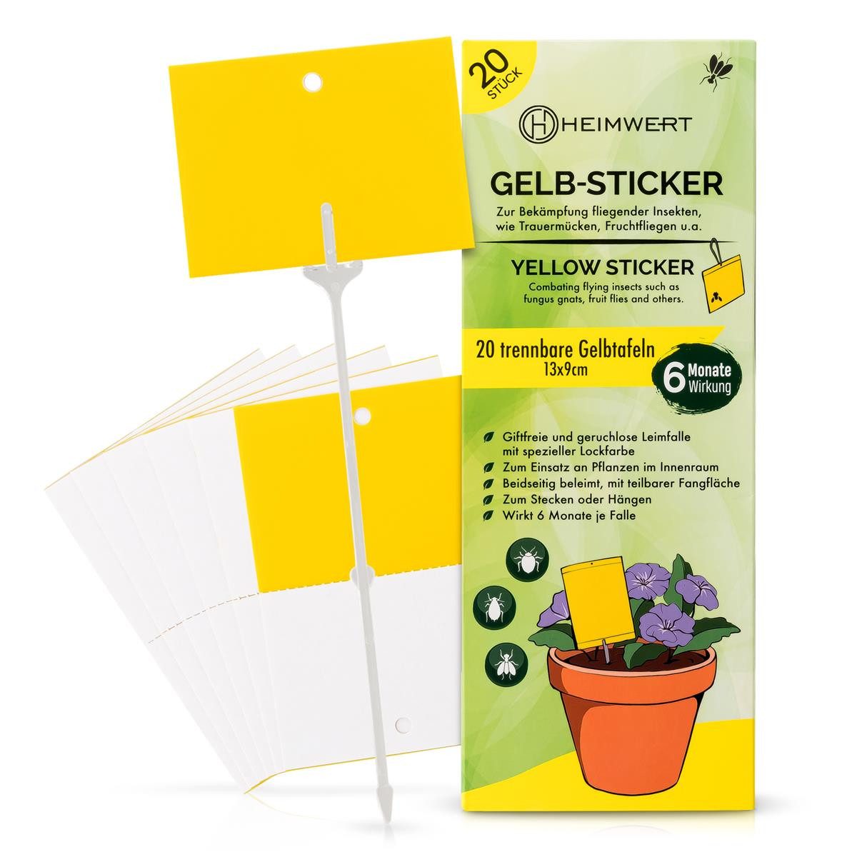 HEIMWERT Klebefalle Gelbsticker Gelbtafeln XXL 6 Monate gegen Fruchtfliegen Blattläuse, 6 Monate Langzeit teilbar mit 20 XXL Erdspießen und 20 Bindedrähten