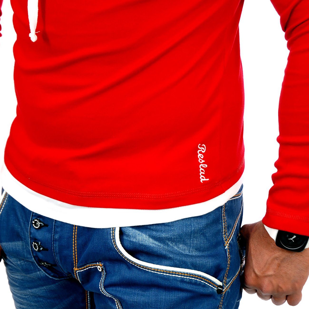 (1-tlg) RS-1003 Reslad Reslad Sweatshirt Kapuzensweatshirt Kapuzen Sweatshirt rot-weiß Layer-Look Herren
