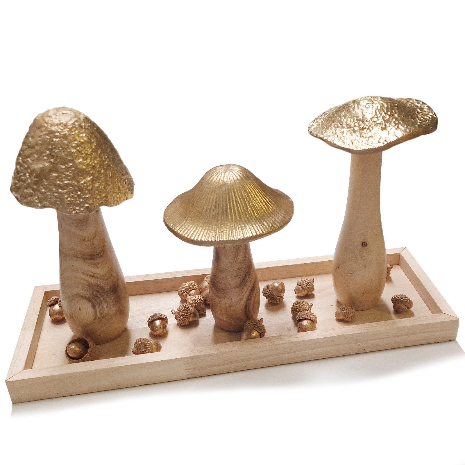Logbuch-Verlag Geschenkbox goldenen Pilze und Eicheln in Holzschale (Komplett-Set), herbstliche Tischdekoration