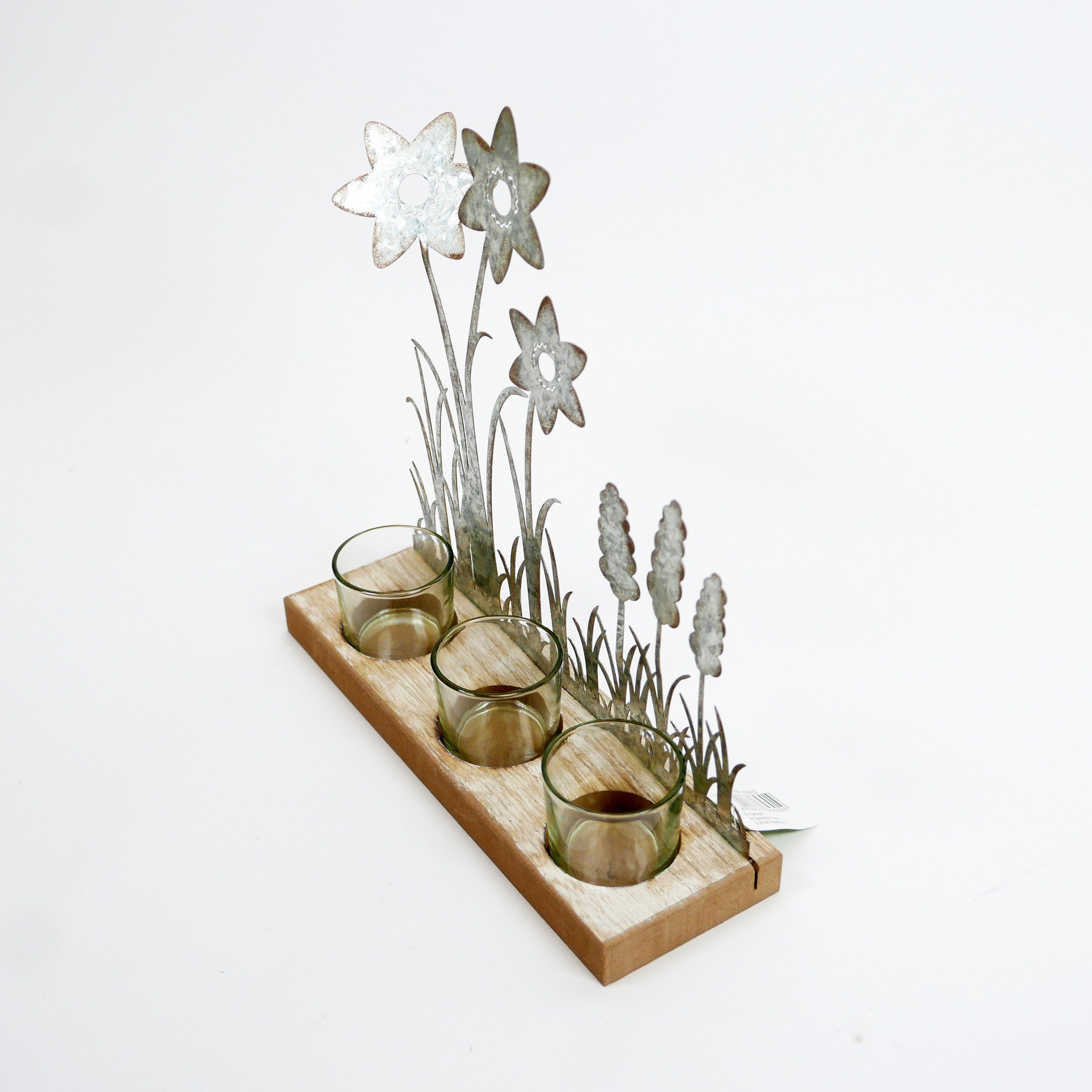 B&S Teelichthalter Teelichtglas 3er auf Holzsockel mit Blumenverzierung Metall H 25 cm