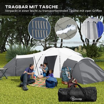 Outsunny Tunnelzelt Campingzelt für 6-9 Personen, wasserdicht, 4 Räume, Vorzelt, Personen: 9 (Gruppenzelt, 1 tlg., Familienzelt), für Campingplatz, Grau