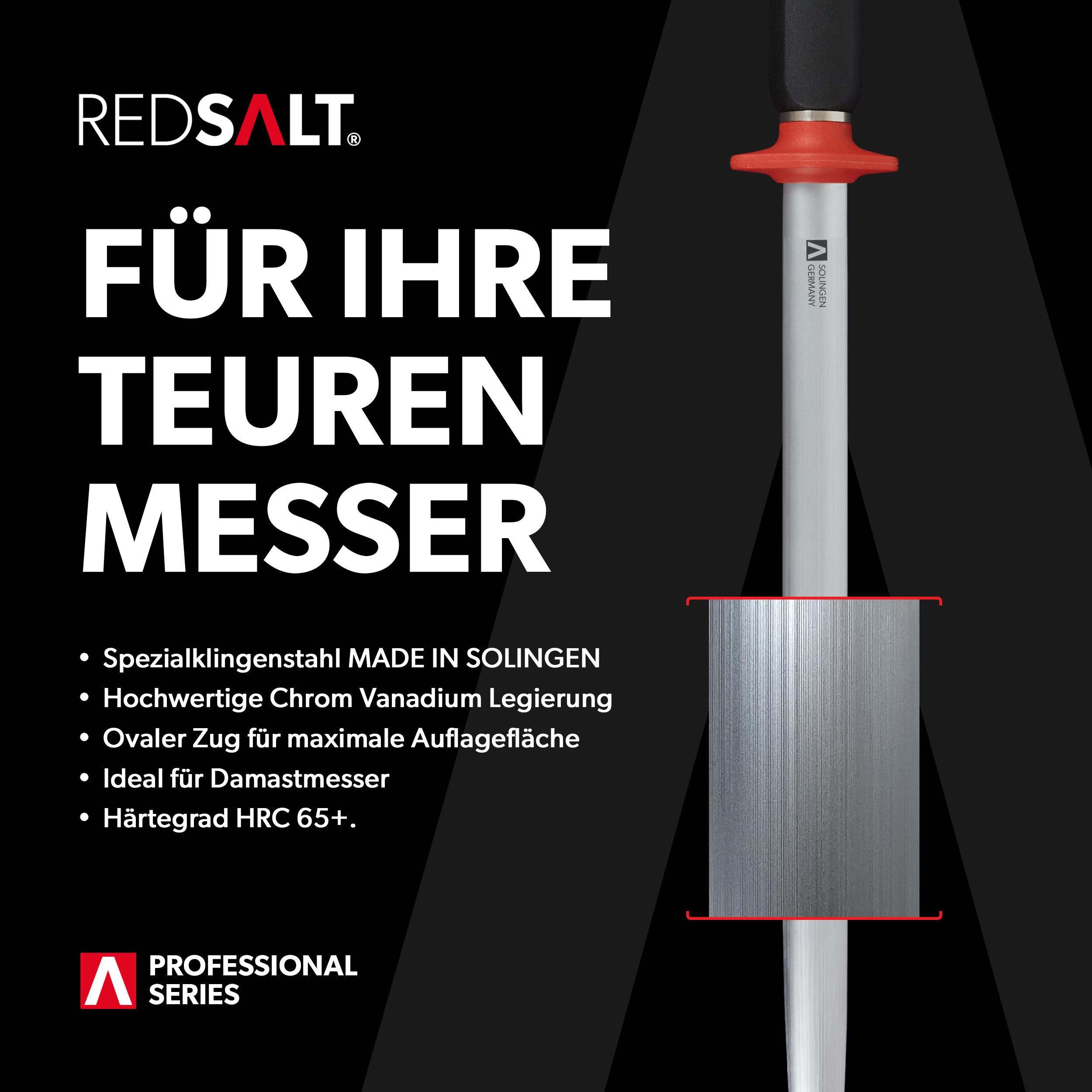 REDSALT® Wetzstahl Premium Wetzstahl ovaler Microfein Saphirzug für hochwertige Messer, Made in Solingen, HRC 65, Ergonomischer Griff, Ovaler Form, Laser Logo