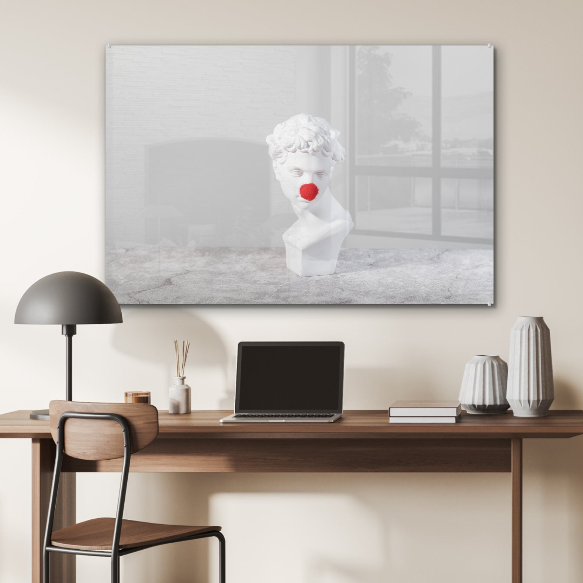 Wohnzimmer Komische mit Acrylglasbilder (1 Schlafzimmer Acrylglasbild Statue Clownsnase, MuchoWow & St),