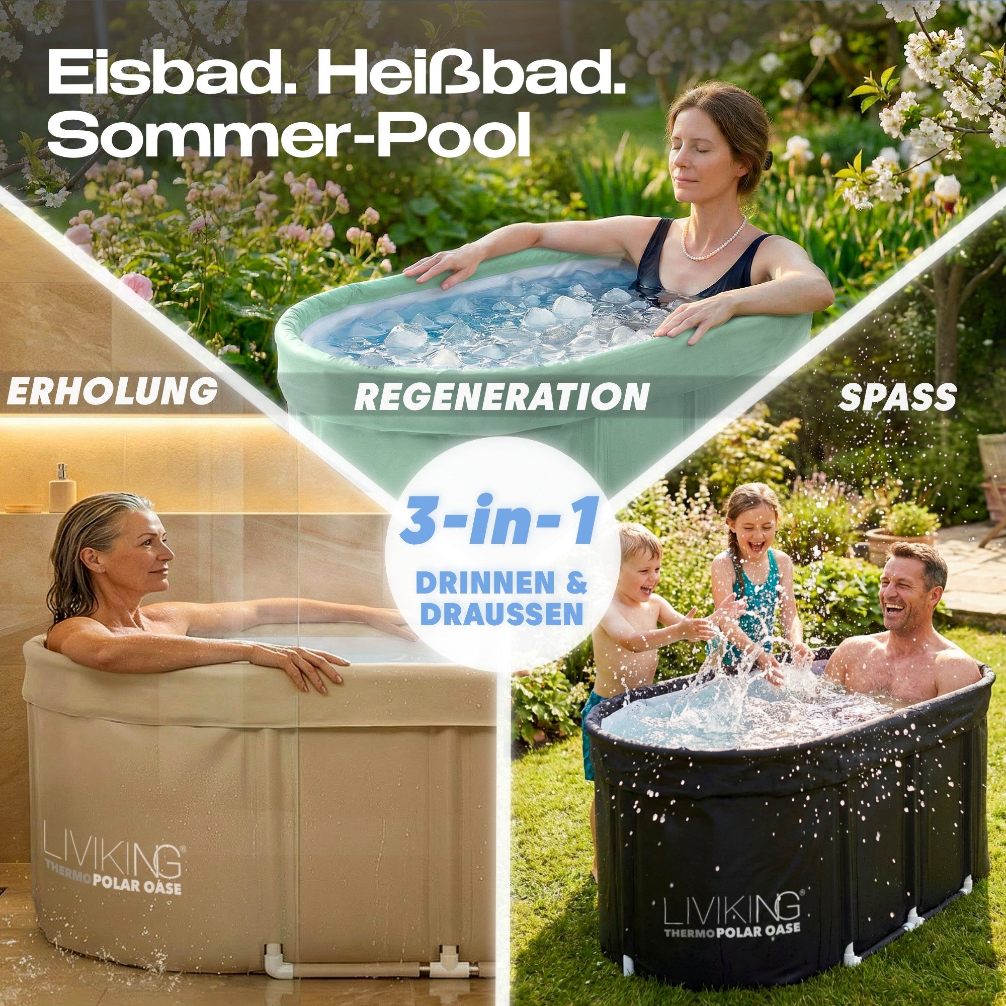 LIVIKING® Badewanne faltbar & Eisbad - 120cm KOMFORT - mobile Outdoor Badewanne Erwachsene, (KOMPLETTSET ThermoPolar Oase - ovale Sport Eistonne), ThermoPolar Isolierung, SolidShape Rahmen, Balkon Mini Pool Eisfass