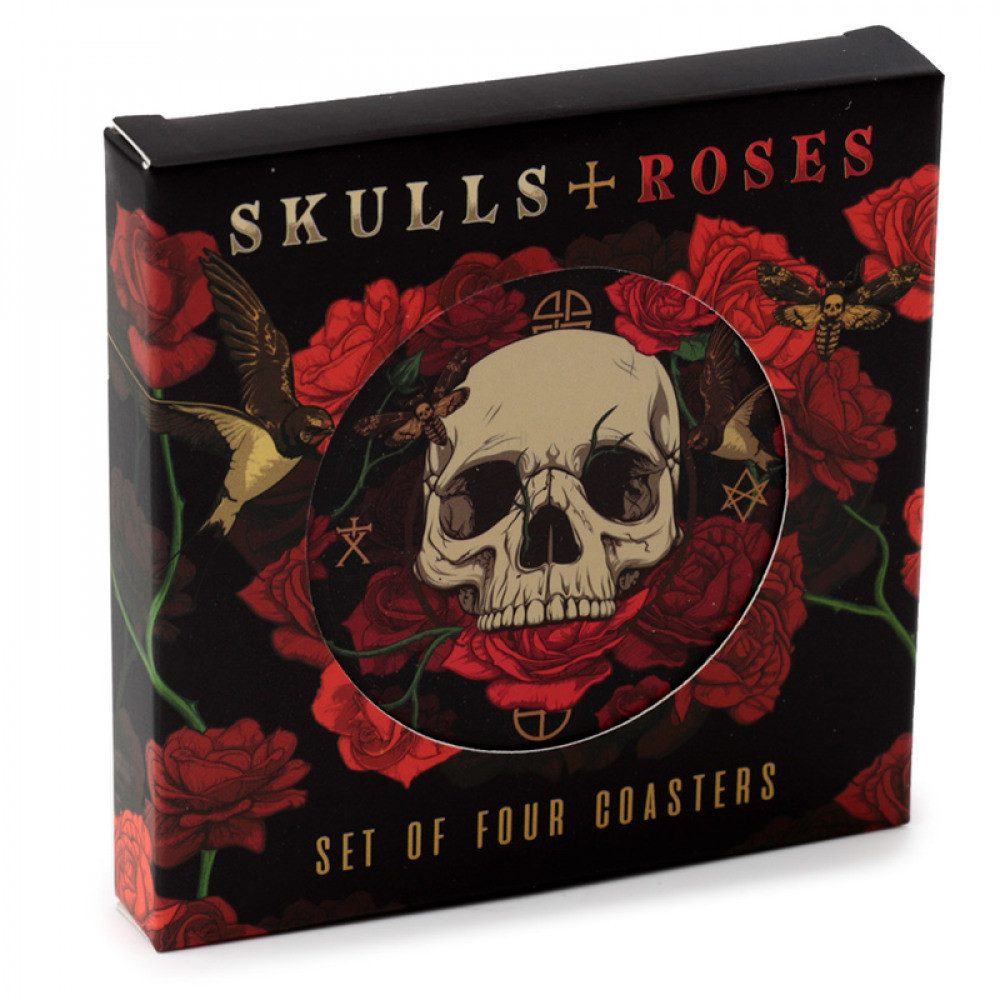 Bierdeckel Untersetzern mit Totenkopf und roten Rosen 4tlg., 4-tlg.
