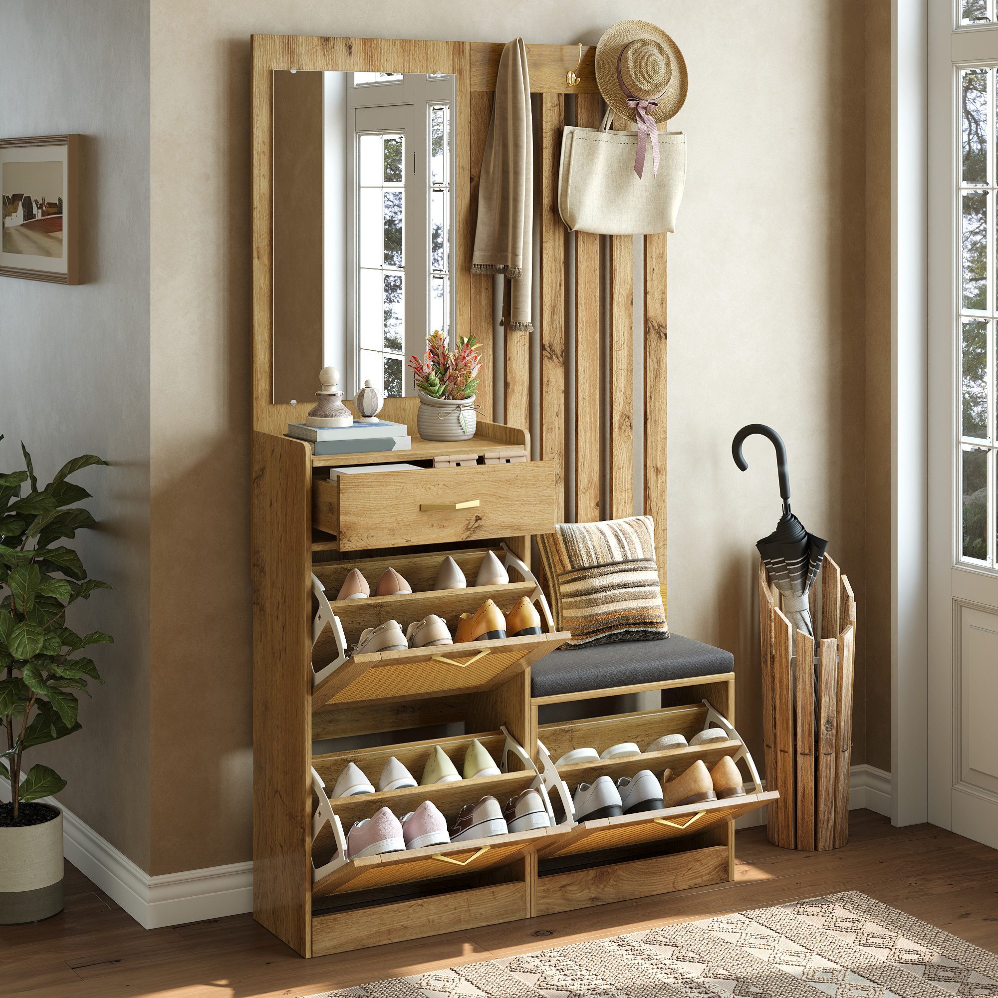 Merax Kompaktgarderobe mit Rattanoptik, Spiegel & Sitzbank (1-St) Garderoben-Set schmale Flurgarderobe mit Schuhschrank,Haken & Stauraum