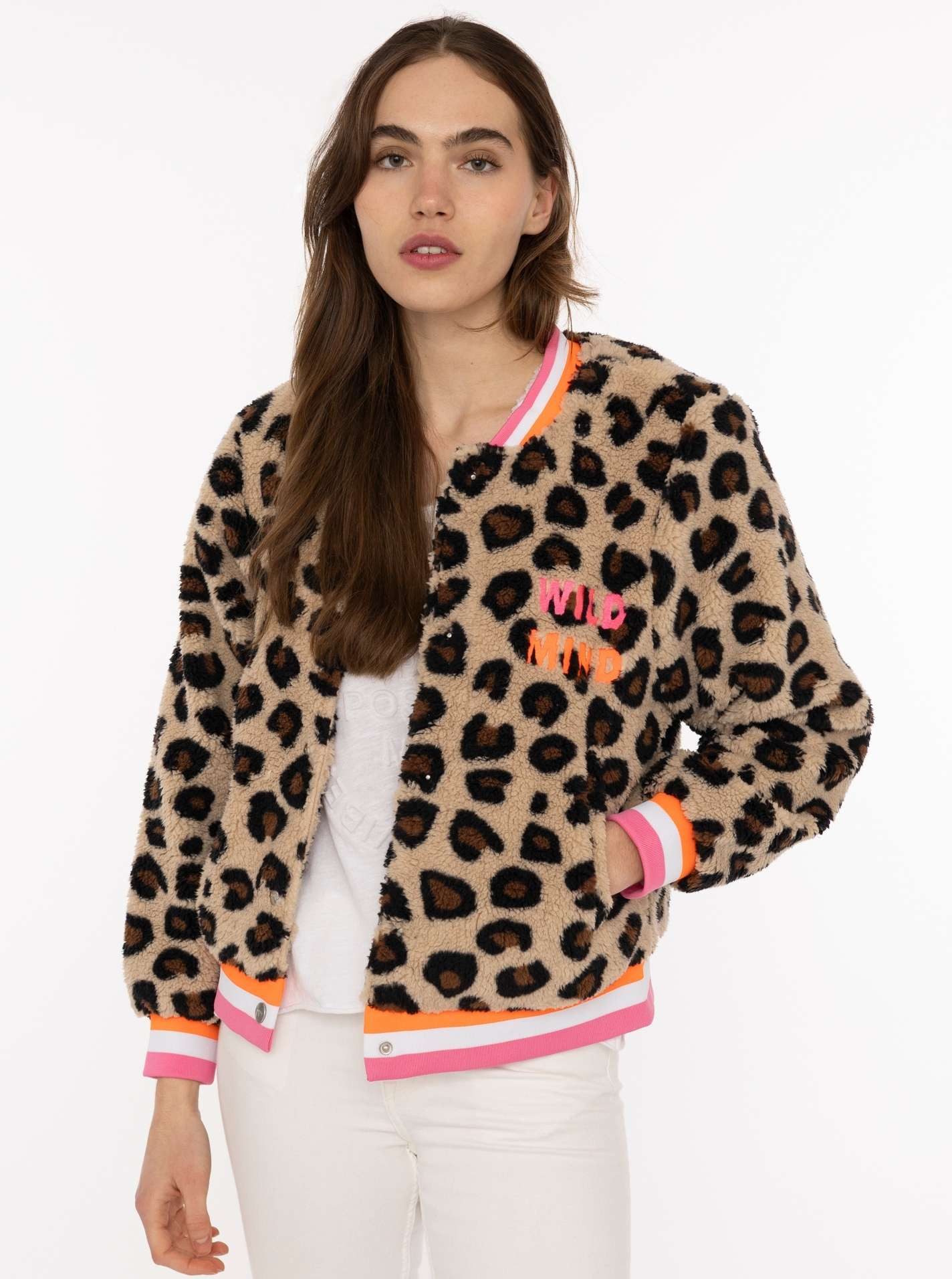 Zwillingsherz Bomberjacke "Wild Mind" kuscheliges It-Piece, Leomuster, gestreifte Neon-Bündchen, Druckknöpfe