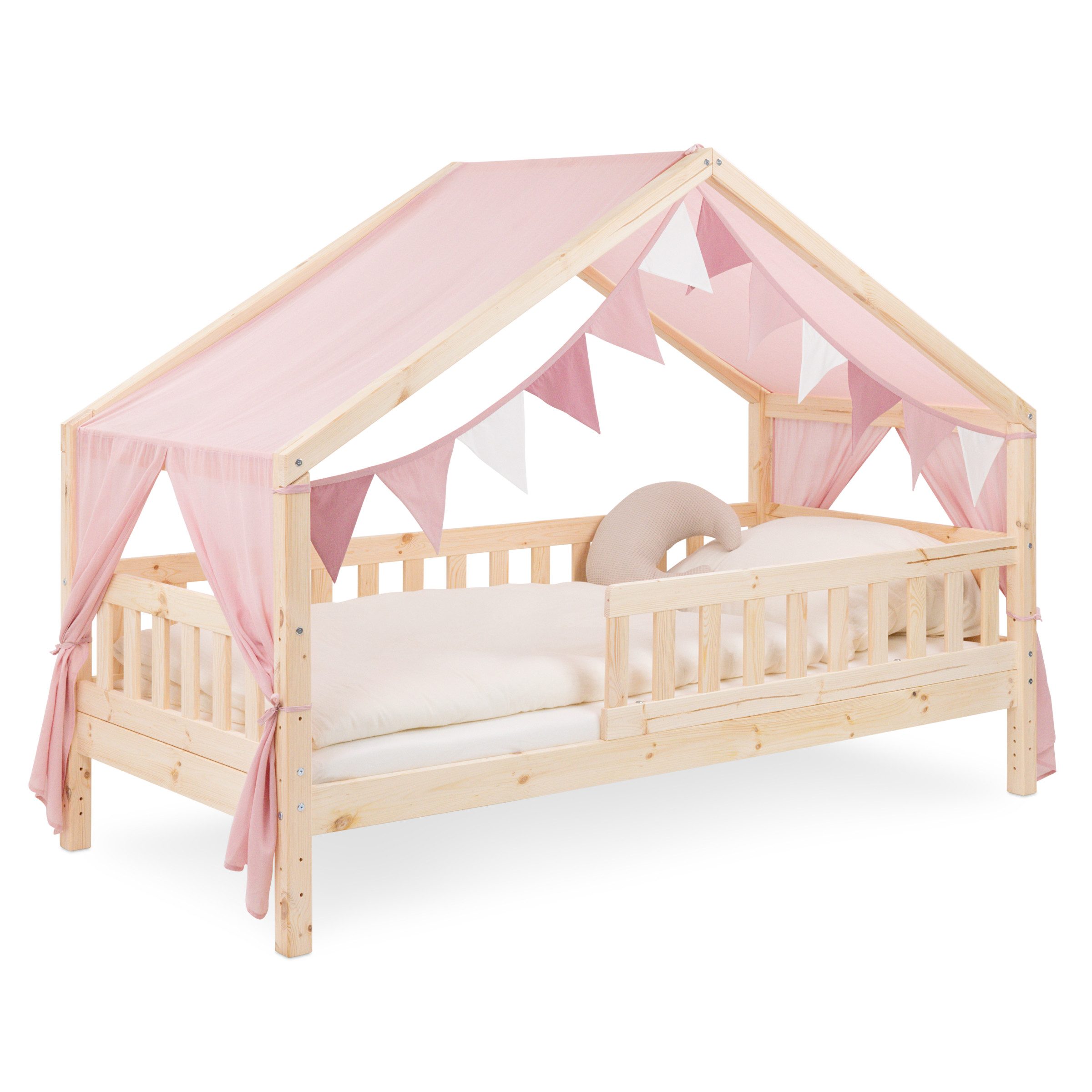 Ehrenkind Betthimmel für Panorama Hausbett Lille mit Wimpelkette (Rosé, passend für Panorama Hausbett Lille 120x200), halbtransparenter Stoff mit hoher Luftdurchlässigkeit