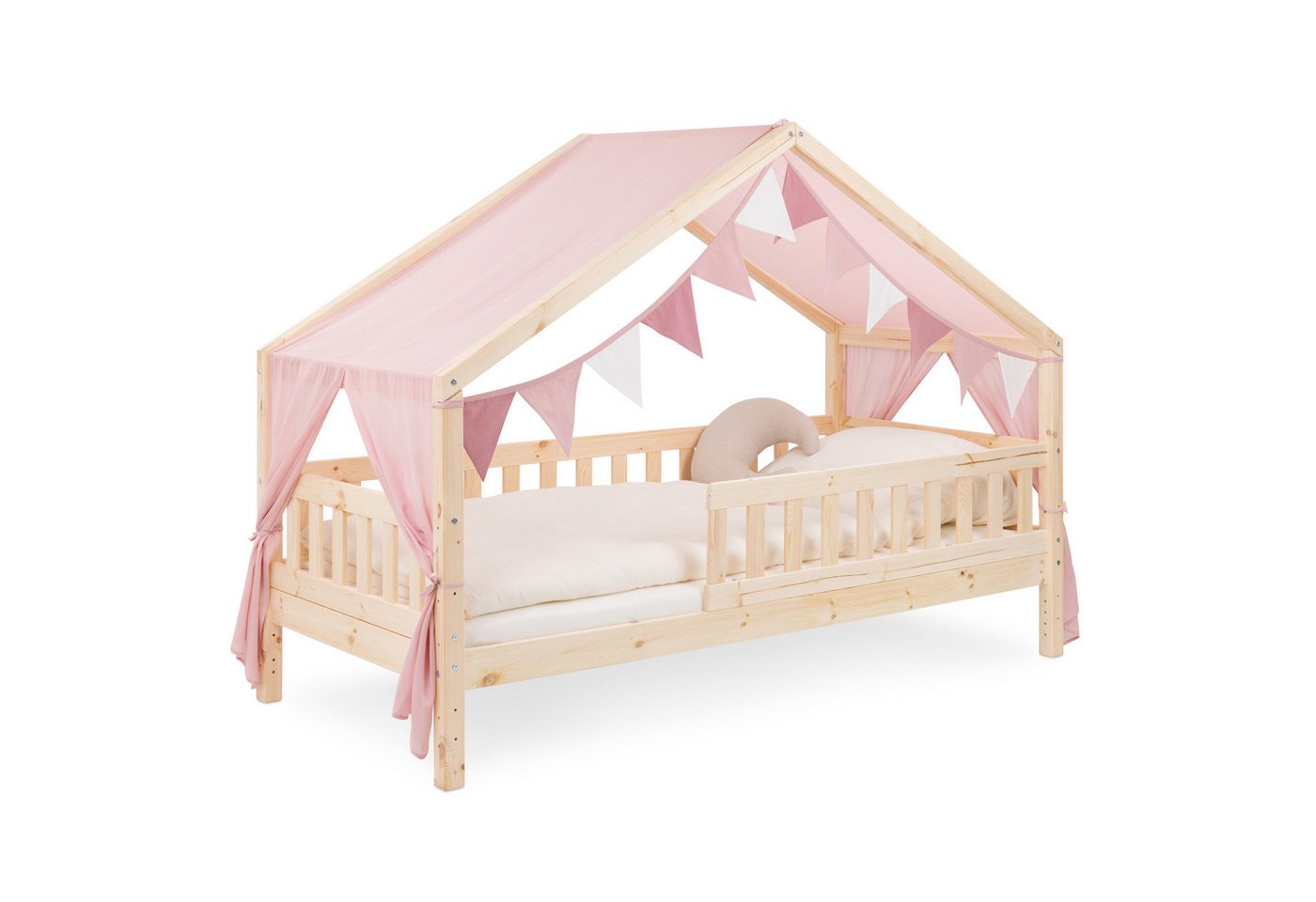 Ehrenkind Betthimmel für Panorama Hausbett Lille mit Wimpelkette (Rosé, passend für Panorama Hausbett Lille 90x200), halbtransparenter Stoff mit hoher Luftdurchlässigkeit