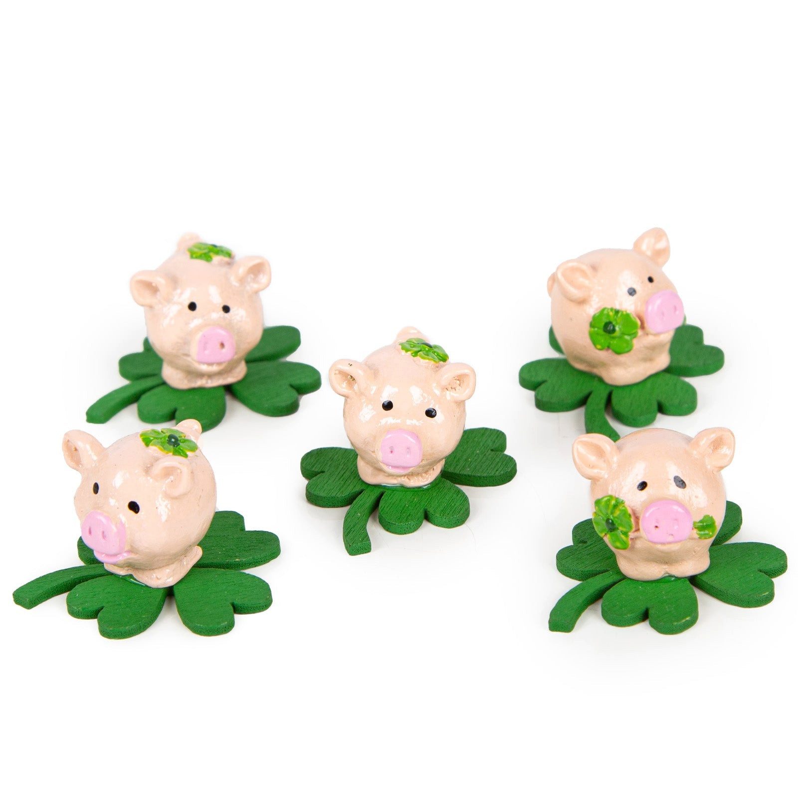 Logbuch-Verlag Dekofigur 5 kleine Glücksbringer - Mini Glücksschweinchen auf Kleeblatt 2,5 cm