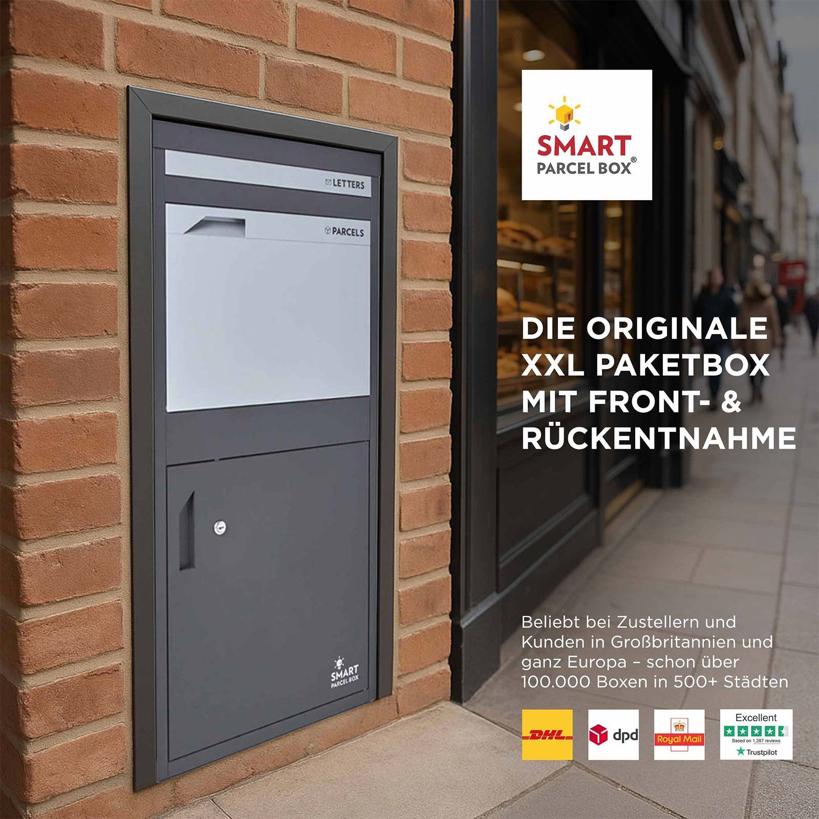 Smart Parcel Box Paketbriefkasten Extra großer Paketbriefkasten, Entnahme hinten & vorne, anthrazit