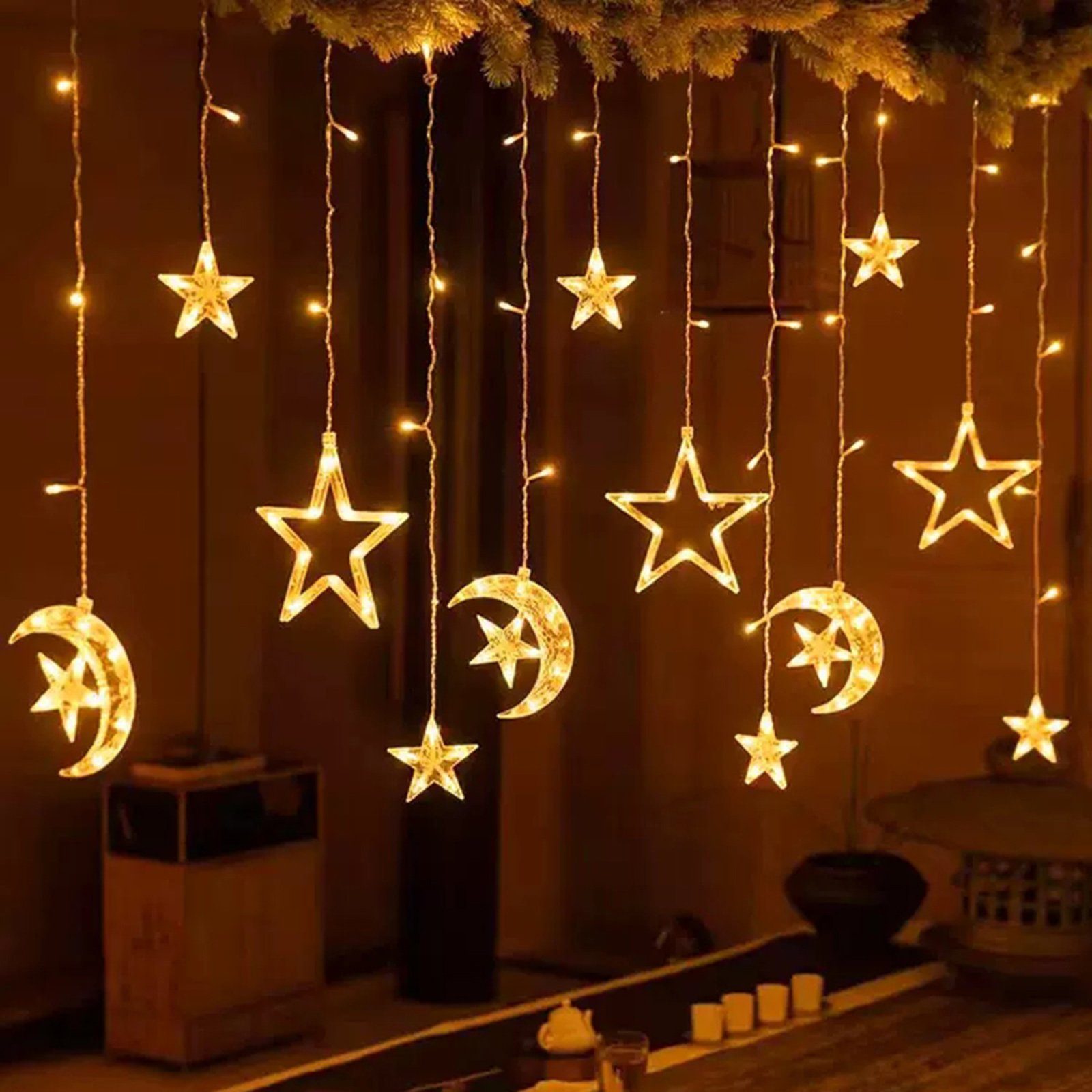 MUPOO LED-Lichterkette Stern Weihnachtstag,Wohnzimmer modi,IP44,126LEDs,Weihnachtsdeko,für Außen,3M Lichtervorhang, LED Warmes Lichterketten Innen Mond 8 Weiß Deko