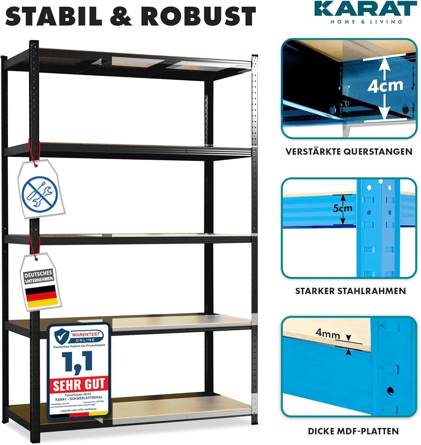 Karat Schwerlastregal Lakota aus Stahl, Belastbar bis 875kg, Aufbau ohne Werkzeug, 5 Böden, Spar-Set 2-tlg., Witterungsbeständig, In- & Outdoor, höhenverstellbare MDF-Böden