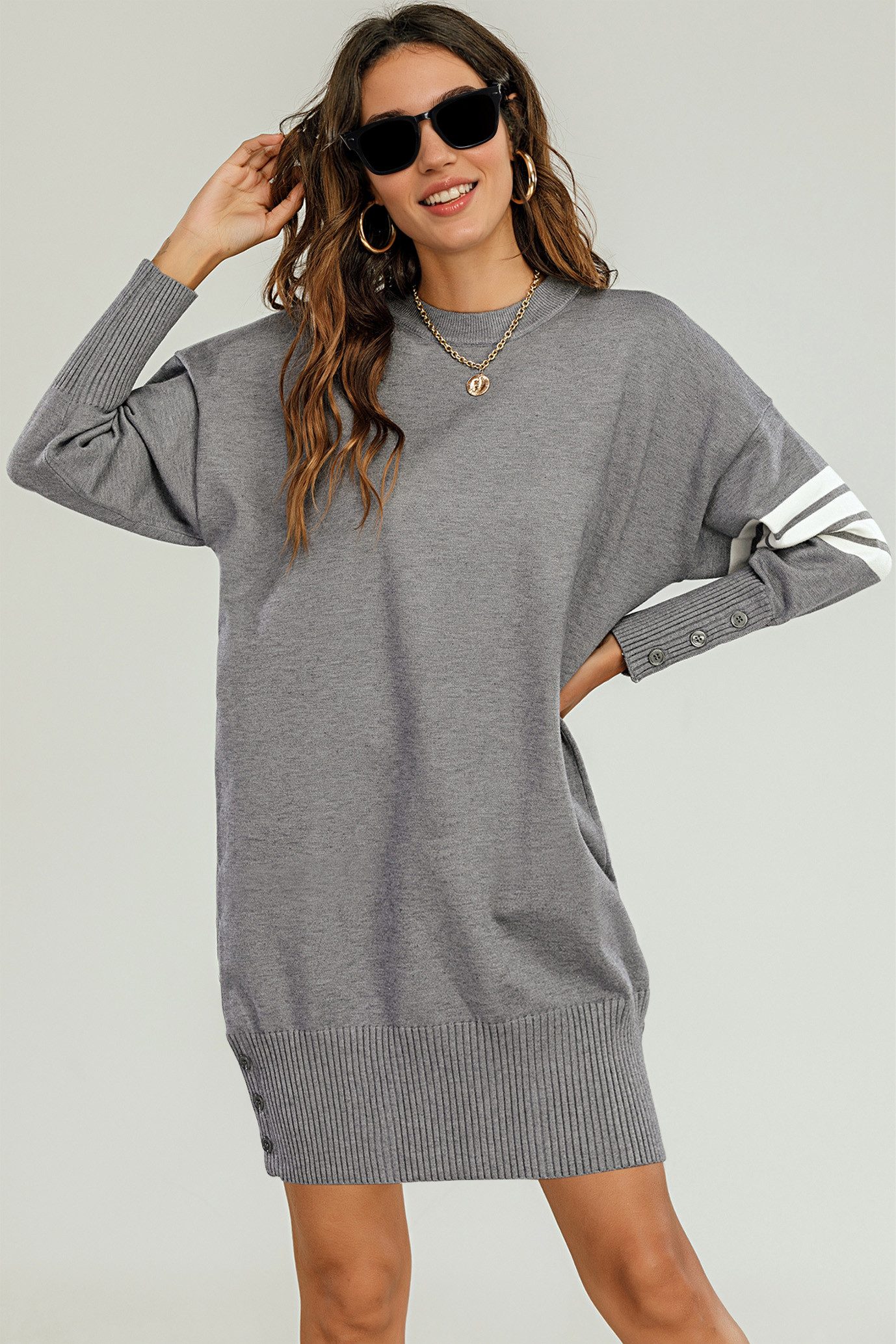 FS Collection Strickkleid Damen Gestricktes Tunika Pulloverkleid Strickkleider Longpullover (Einheitsgröße: UK 8–16 / EU 36–44, 5 Farben : Grau, Schwarz, Navy, Dunkelgrün und Olivgrün) 56 % Viskose, 26 % Polyester und 18 % Wolle