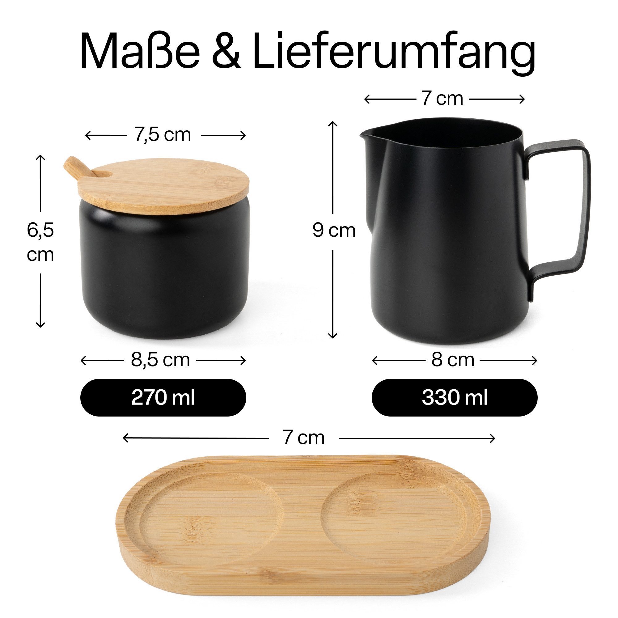 MiaMio Milch- und Zuckerset mit Serviertablett, mattschwarz (5-tlg), Edelstahl, Sahnekännchen 330 ml und Zuckerdose 270 ml