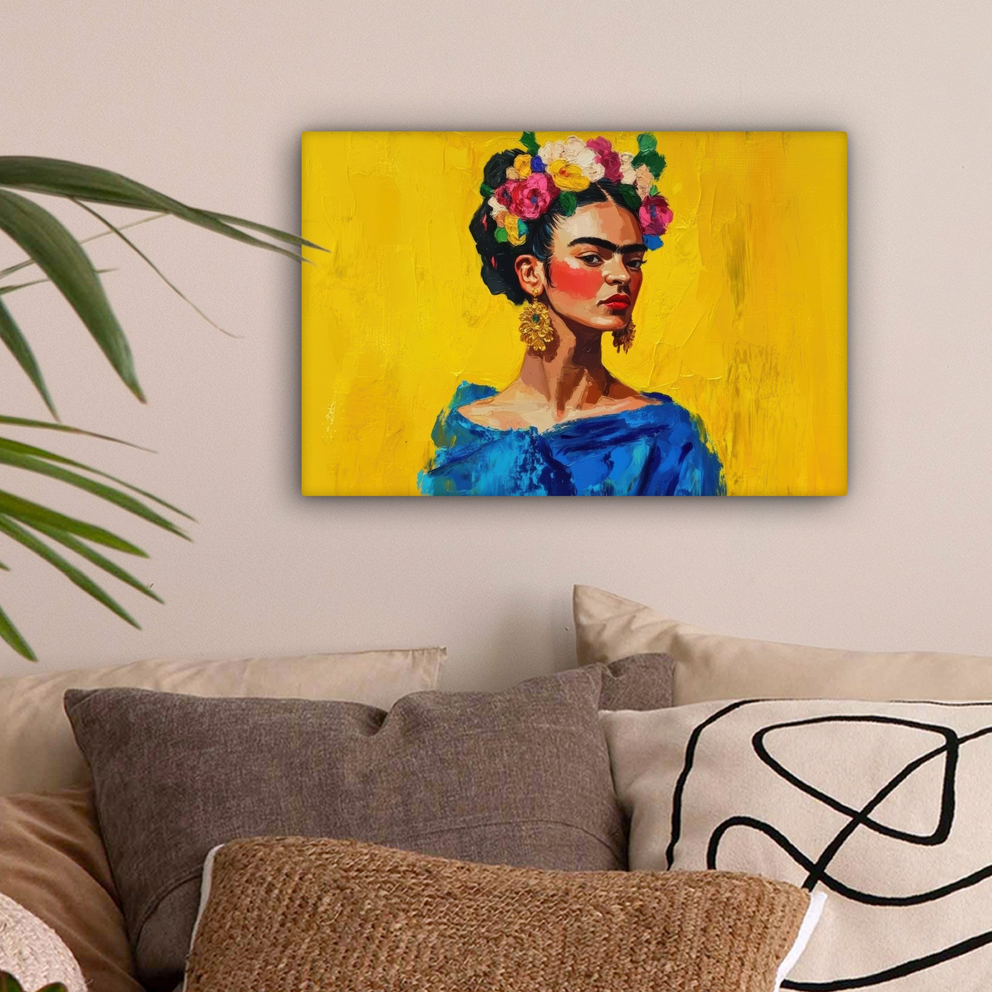 OneMillionCanvasses® Leinwandbild Frida Kahlo - Frau - Gelb - Blau - Blumen günstig online kaufen