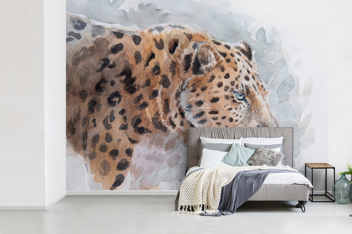 MuchoWow Fototapete Leopard - Aquarell - für Tapete Wohnzimmer, Wallpaper St), Schlafzimmer, (6 Matt, bedruckt, Vinyl Blau, Kinderzimmer