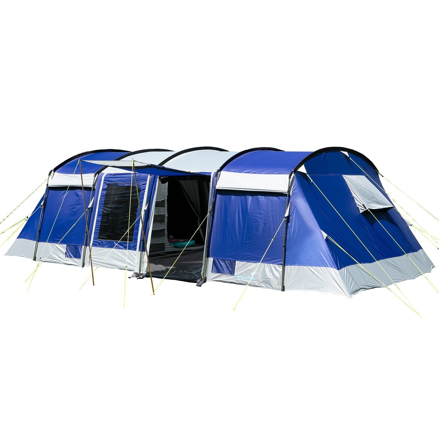 Skandika Tunnelzelt Montana 10 Sleeper (blau), für 10 Personen, Camping Zelt  mit Sleeper Technologie, Schwarze und dunkle Schlafkabinen, wasserdicht, 5000  mm Wassersäule, Moskitonetz, 4 Eingänge, Familienzelt