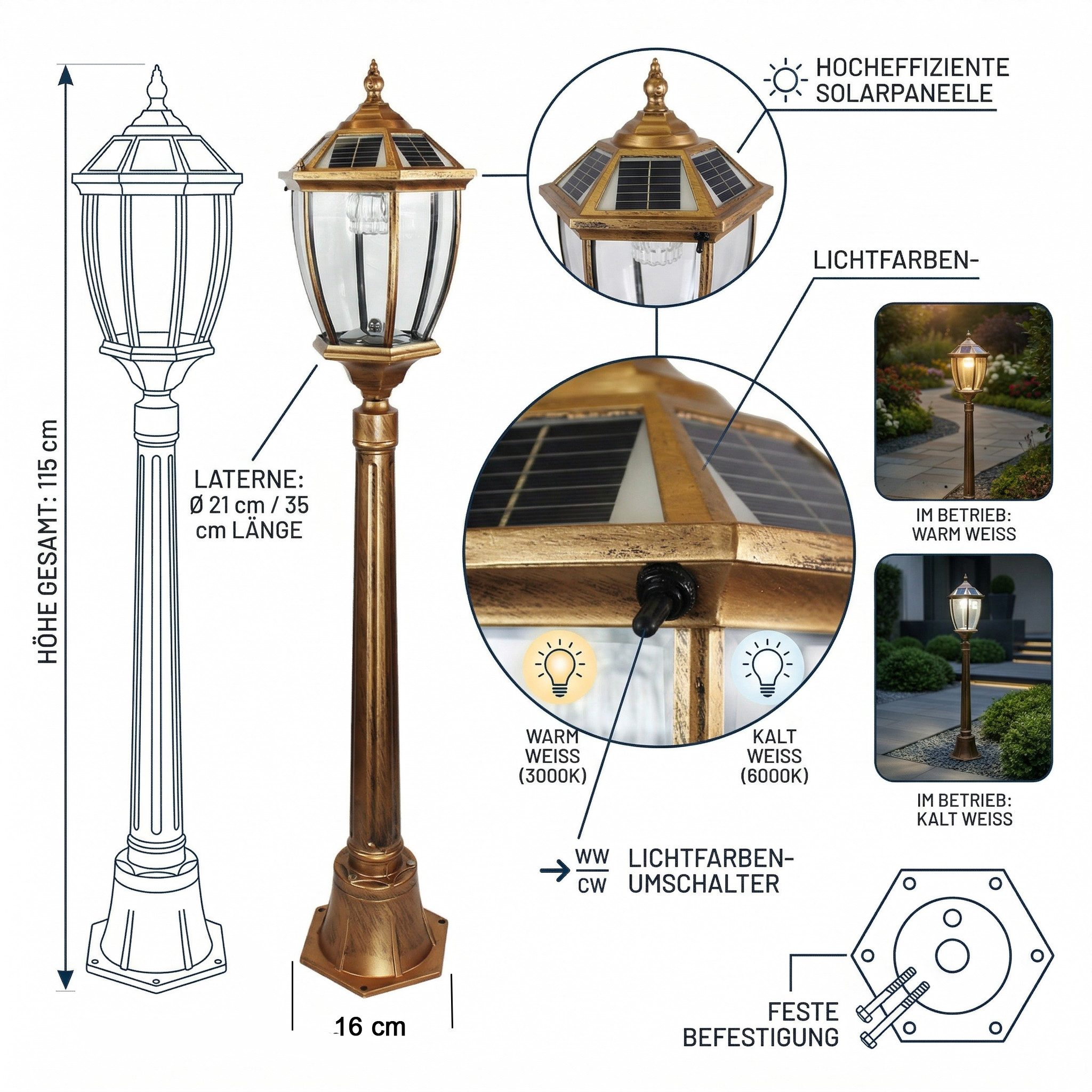 Arnusa LED Gartenleuchte Solarleuchte Kupferfarben Gartenlaterne Außenleuchte Sockelleuchte, Farbsteuerung, LED fest integriert, Warmweiß, Kaltweiß, kabellos klassische Solarlampe Außen