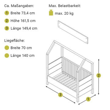 Lomadox Kinderbett BARI-78, Kiefer weiß teilmassiv, Birke, 70x140 cm Liegefläche, Lattenrost