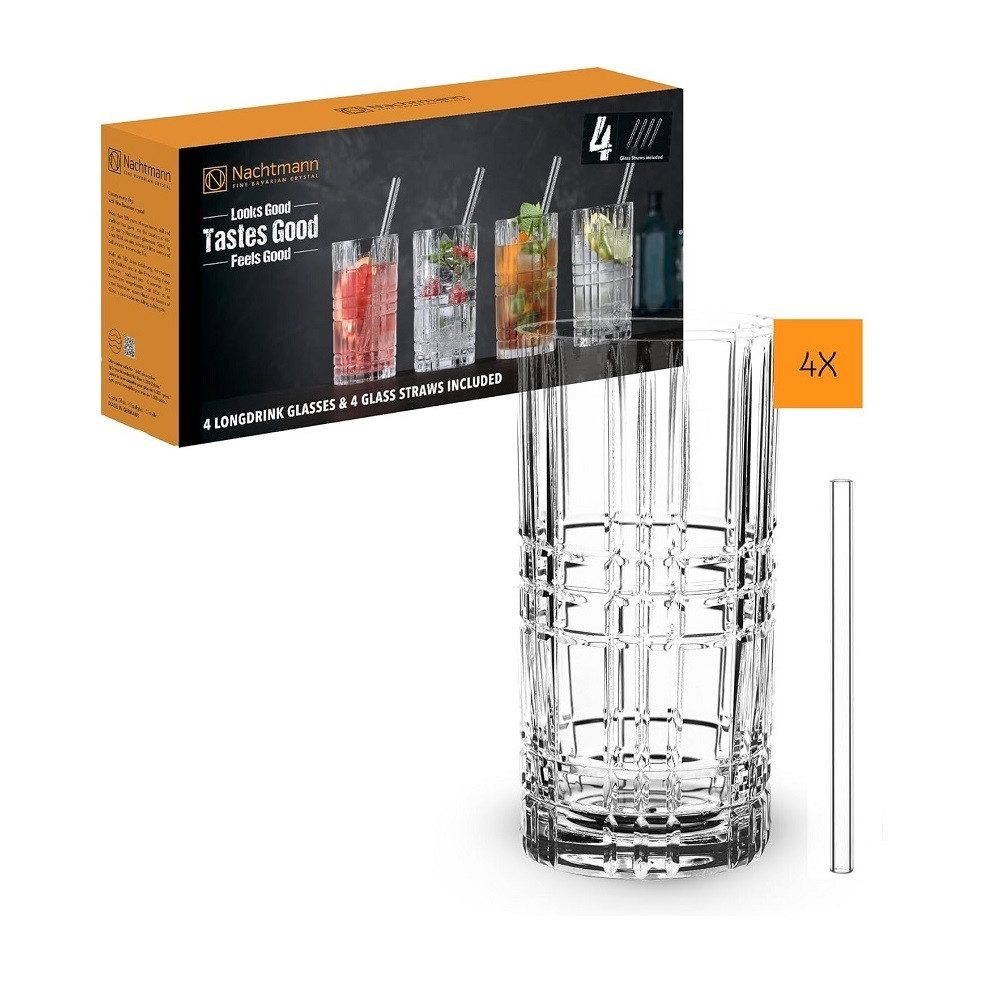 Nachtmann Longdrinkglas Nachtmann Square Longdrink 445ml 4er Set + Trinkhalme, Kristallglas