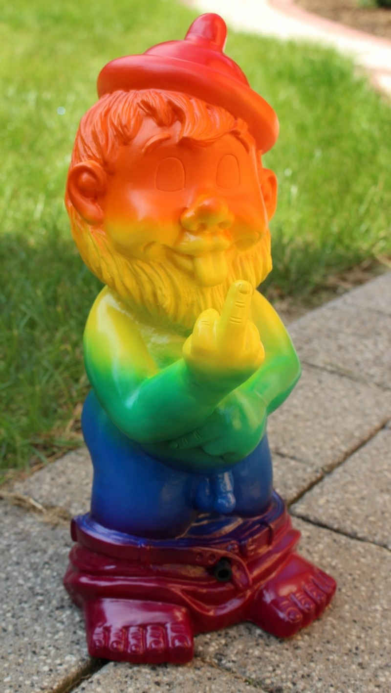 Otto Müller Gartenzwerg Gartenzwerg Gartenfigur Deko Zwerg Mittelfinger Bewegungsmelder "Pfiff" Regenbogen Pride H 31 cm