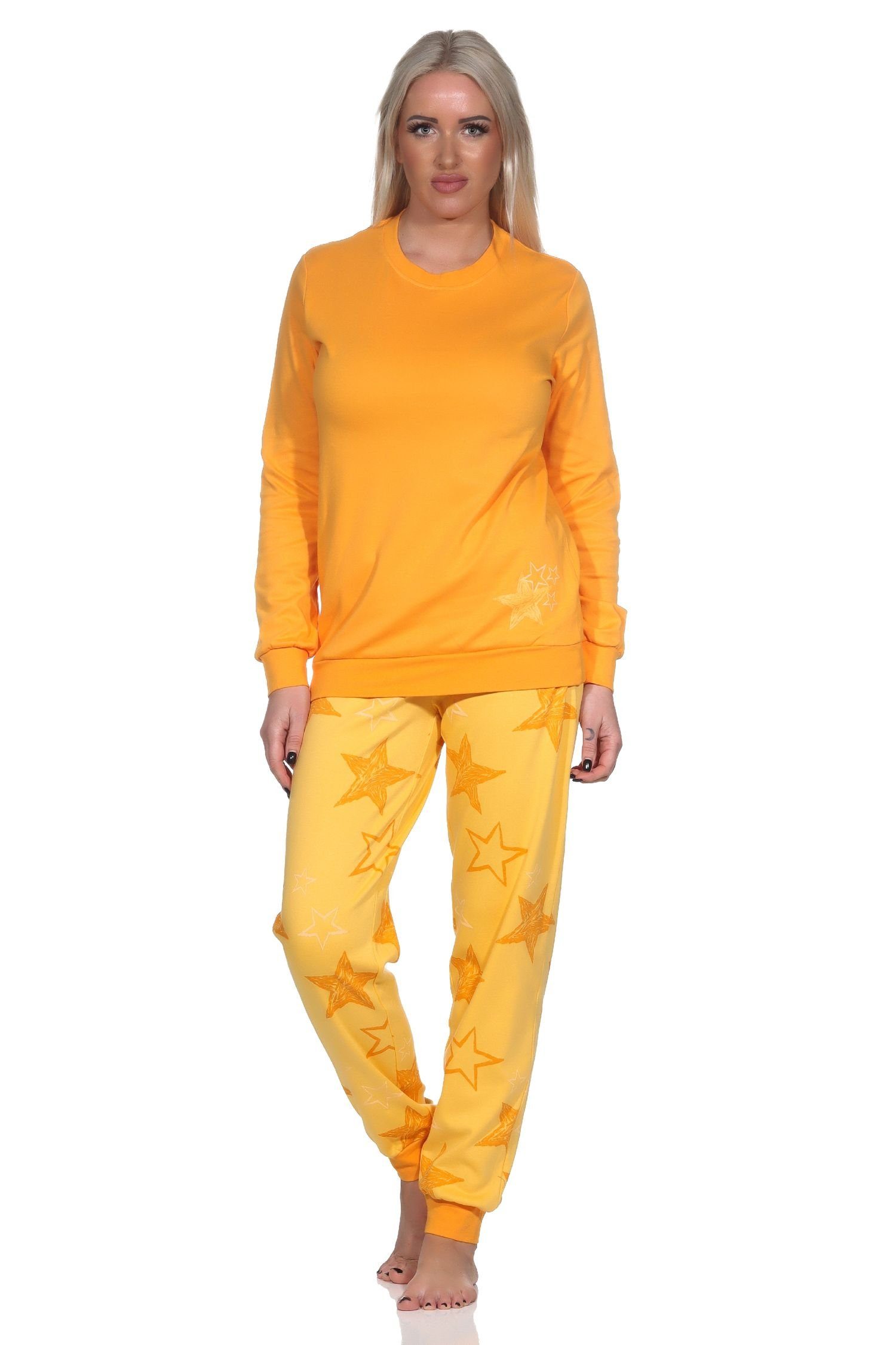 Normann Pyjama Kuschel Normann Interlock Damen orange in Optik Sterne Schlafanzug Qualität