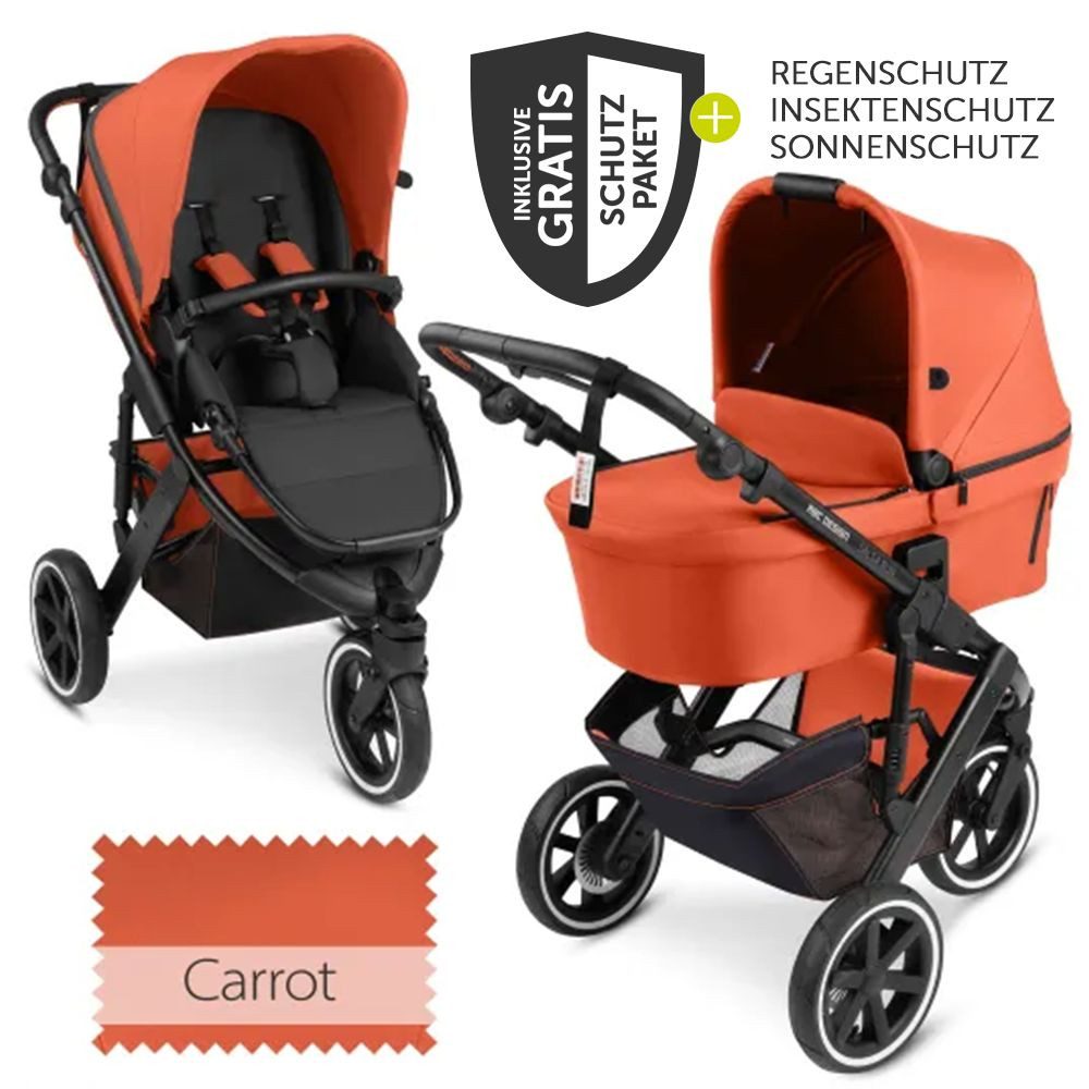 ABC Design Kombi-Kinderwagen Salsa 3 Run - Carrot, Kinderwagen Buggy mit Lufträdern, Babywanne, Sportsitz, Regenschutz