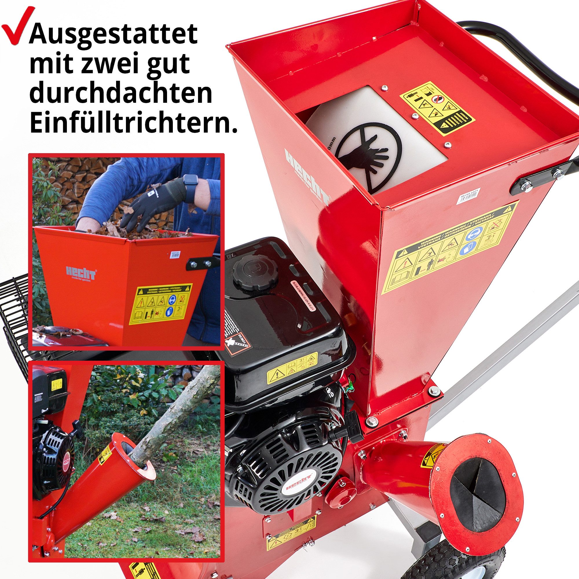Hecht Messerhäcksler Gartenhäcksler Benzin 6421, 8,90 cm max. Astdurchmesser, 13 PS, 10 Häckselmessern, 389 cm³, Transporträder