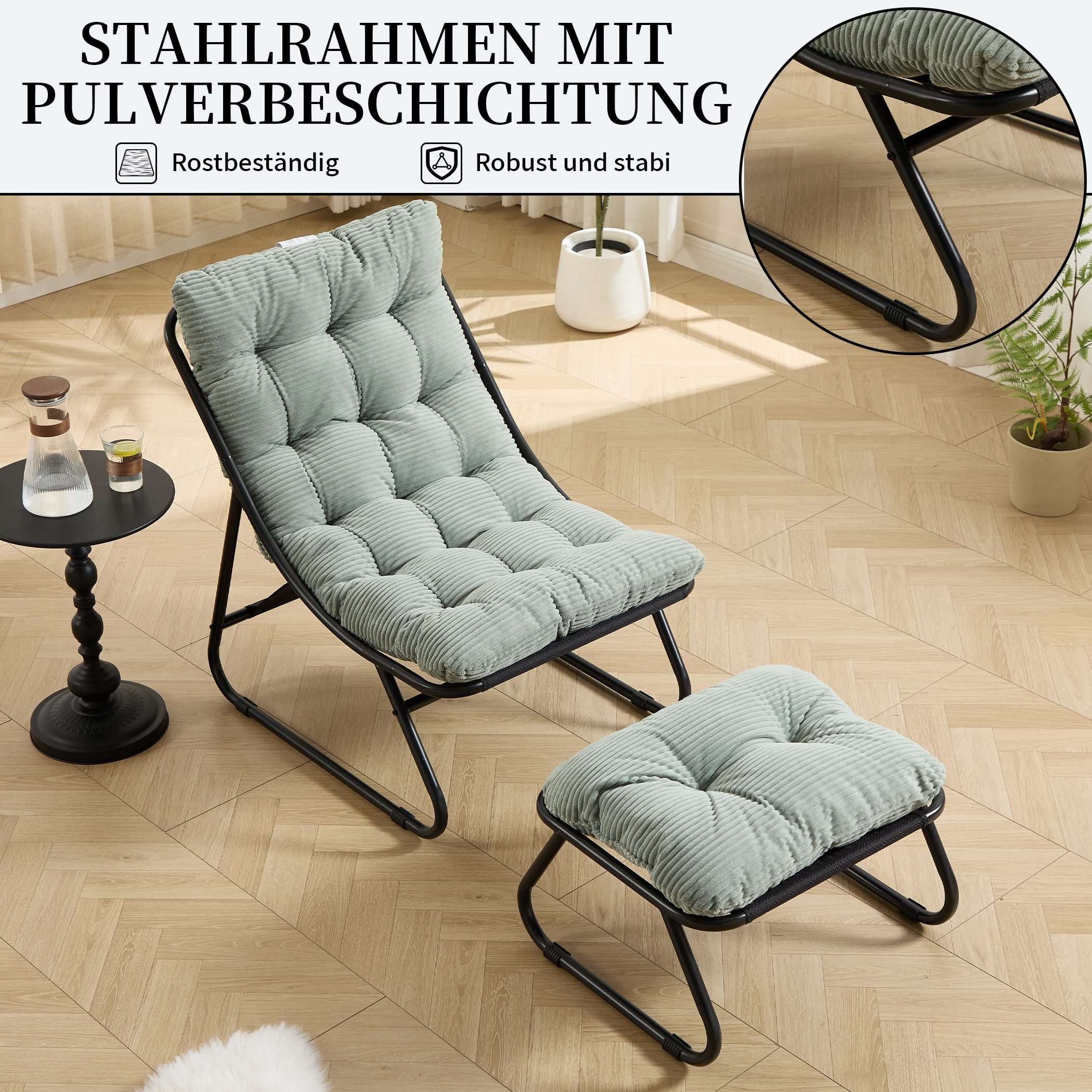 SeedWave Loungesessel mit Ottoman Liegestuhl Stahlgestell Gartenstuhl mit Trennbaren Pölster (bestehend aus Sessel und Hocker), Outdoor Terrassenstuhl für Garten usw. Außenbereich