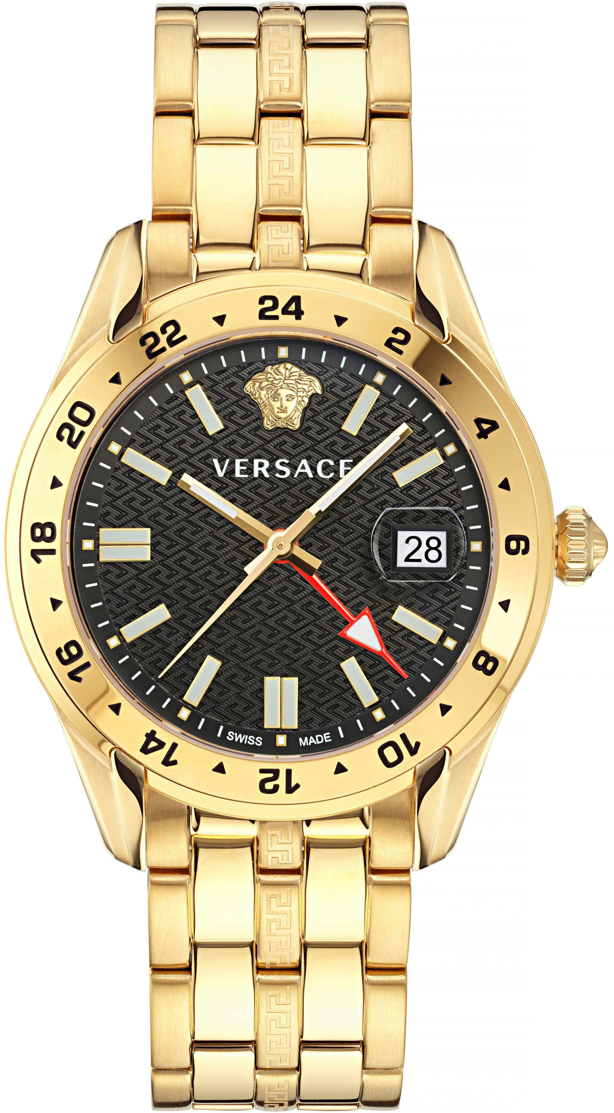 Versace Quarzuhr GRECA TIME GMT, VE7C00723, Armbanduhr, Herrenuhr, Datum, Swiss Made, Leuchtzeiger, 2. Zeitzone