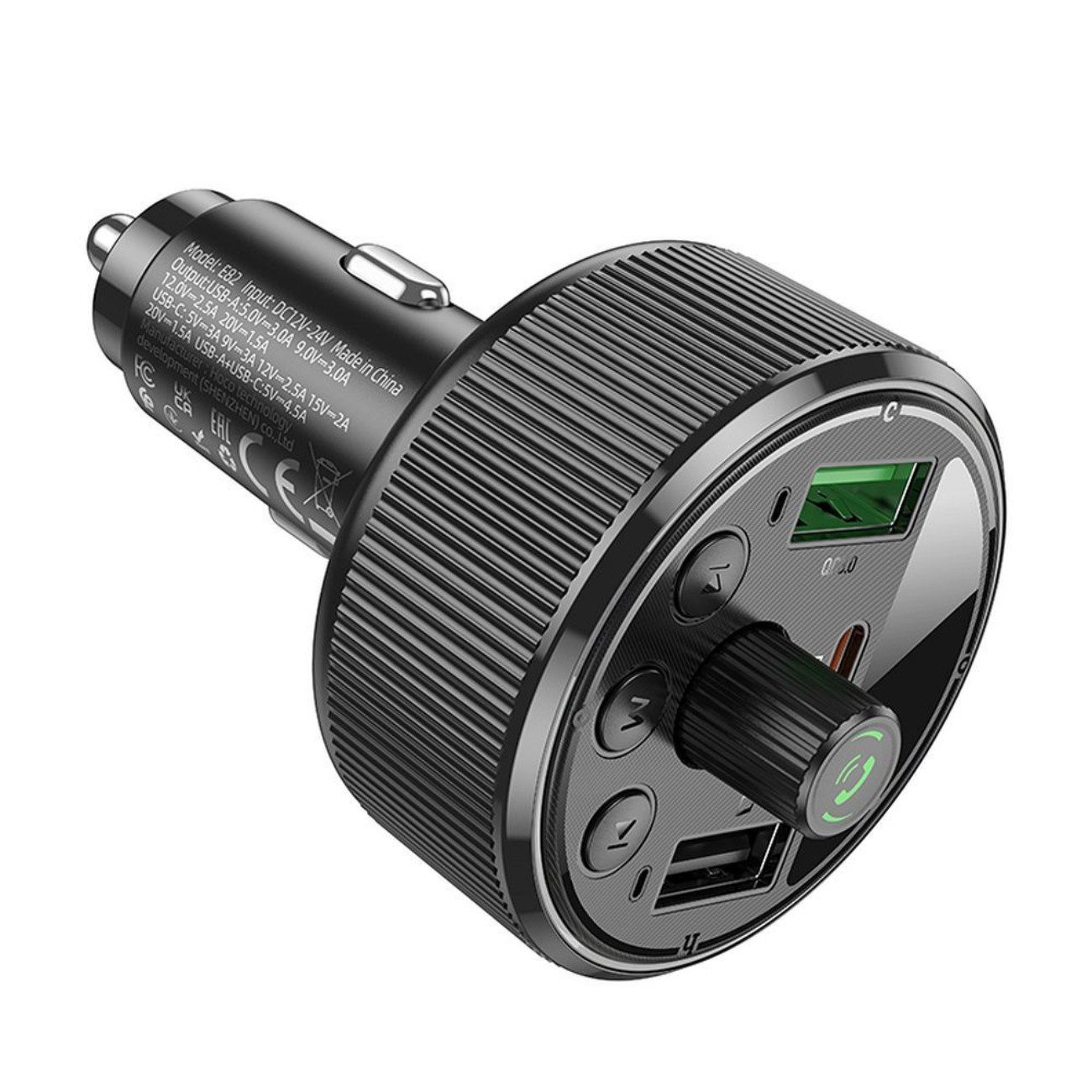 hoco. E82 KFZ-Transmitter Kfz-Stecker (12–24 V) zu USB-A, USB-C, Bluetooth-FM-Transmitter mit Schnellladefunktion (PD/QC 3.0)