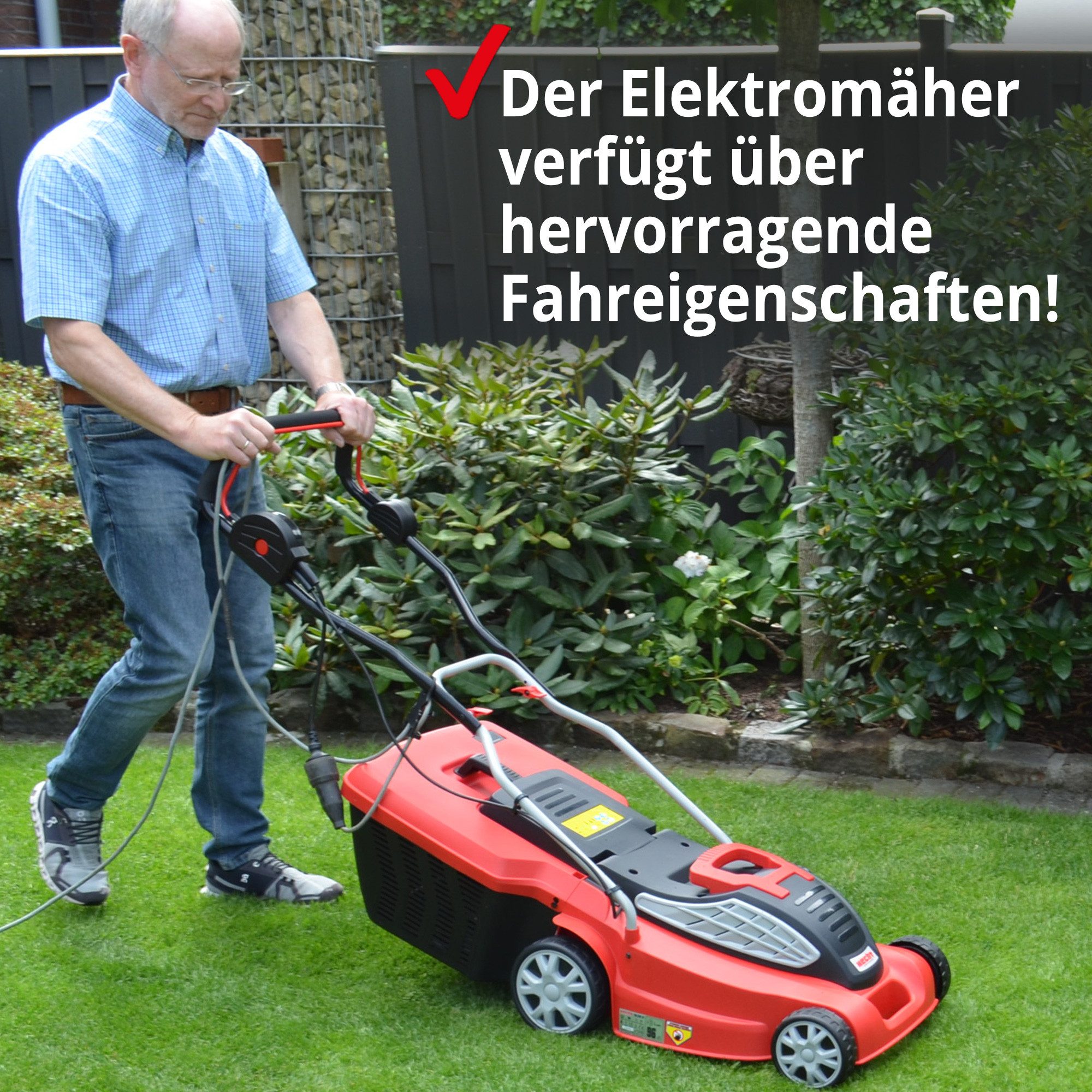 Hecht Elektrorasenmäher 1638 R mit 50L Fangkorb, 38 cm Schnittbreite, 1600W, 3500 U/min, 25-65 mm Schnitthöhe