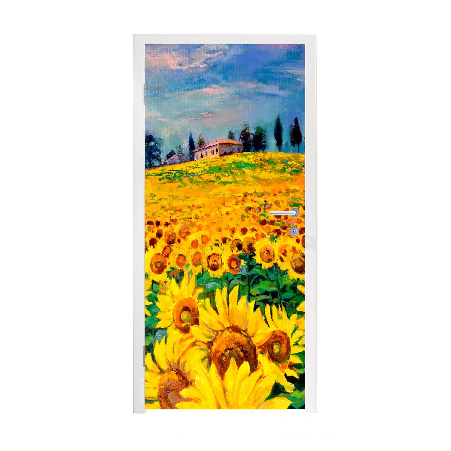 MuchoWow Türtapete Ölfarbe - Gemälde - Blumen - Sonnenblume, Matt, bedruckt, (1 St), Selbstklebende Tapete, Folie für Möbel, 75x205 cm