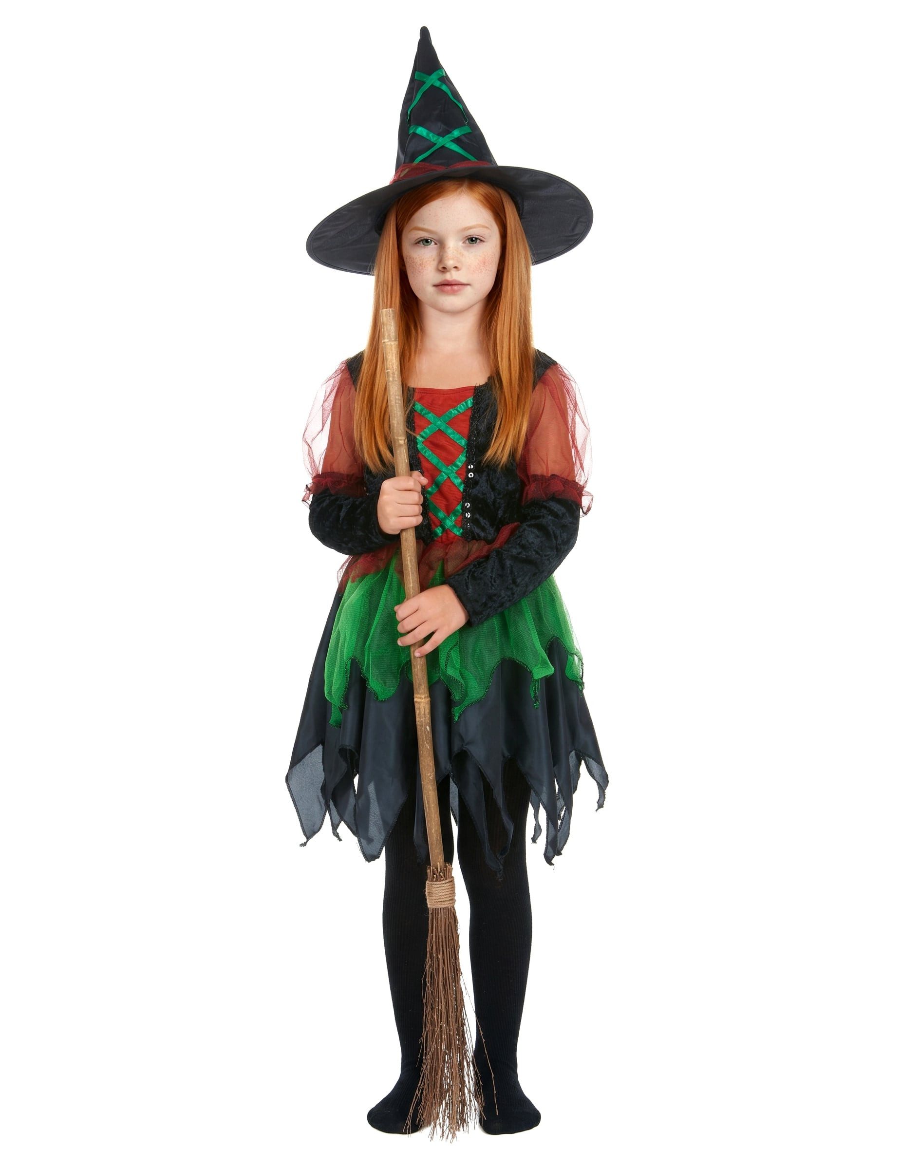 JADEO Kostüm Freches Hexen-Kostüm für Mädchen Halloween-Kostüm schwarz-rot-grün