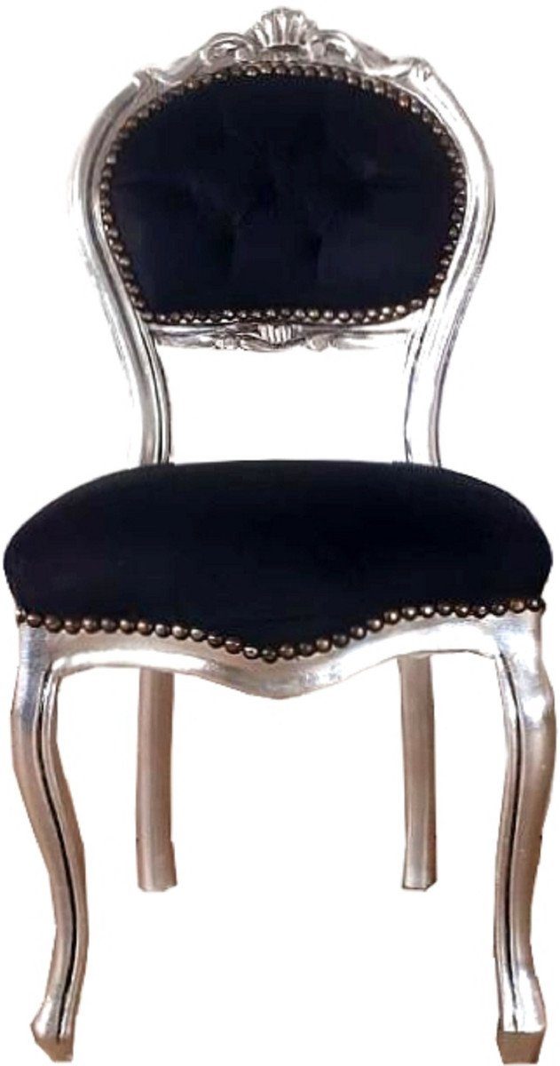 Casa Padrino Besucherstuhl Barock Damen Stuhl Schwarz / Silber 40 x 44 x H. 83 cm - Handgefertigter Schminktisch Stuhl mit edlem Samtstoff - Möbel im Barockstil